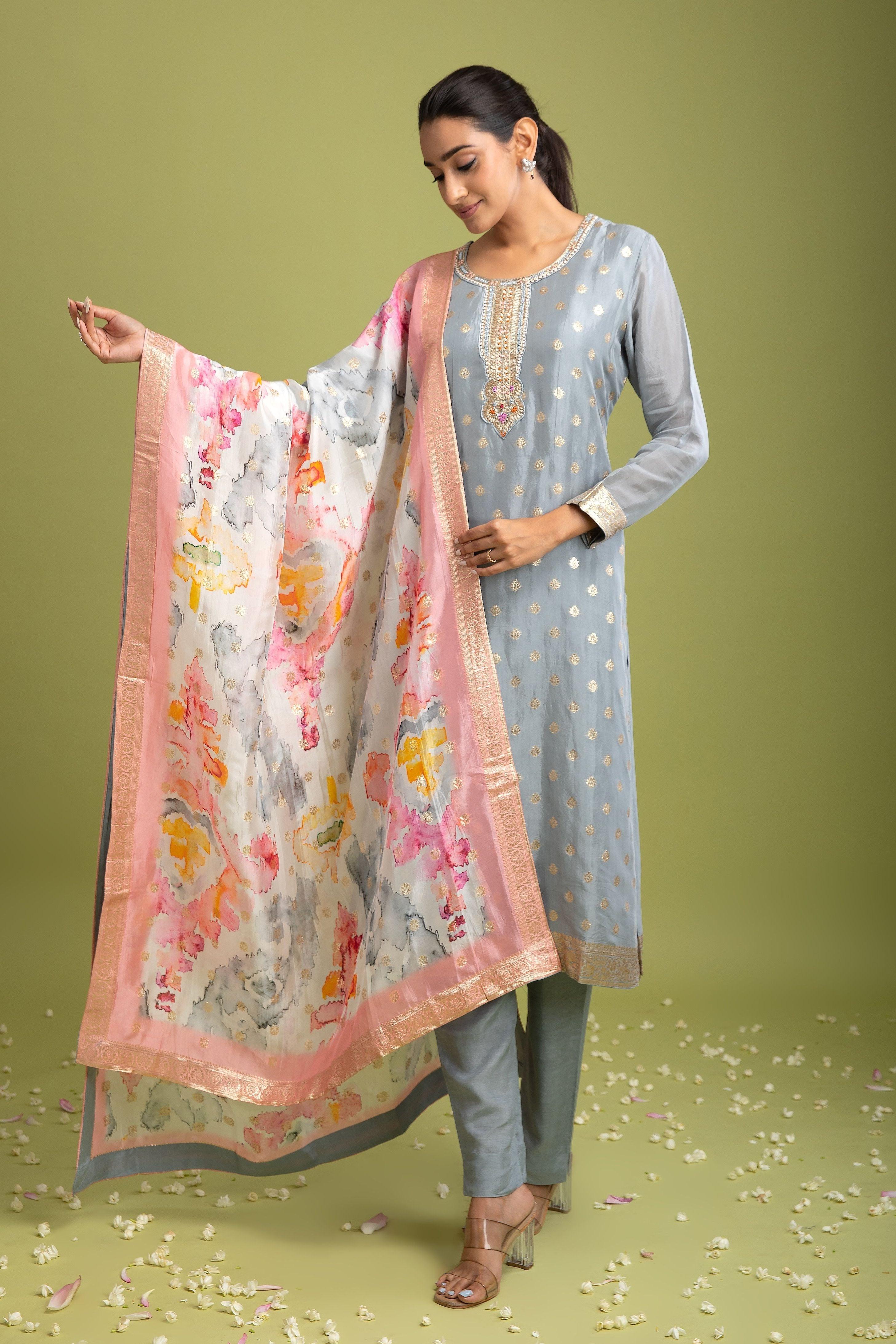 Grey Benrasi silk Kurta set - Mokshaa