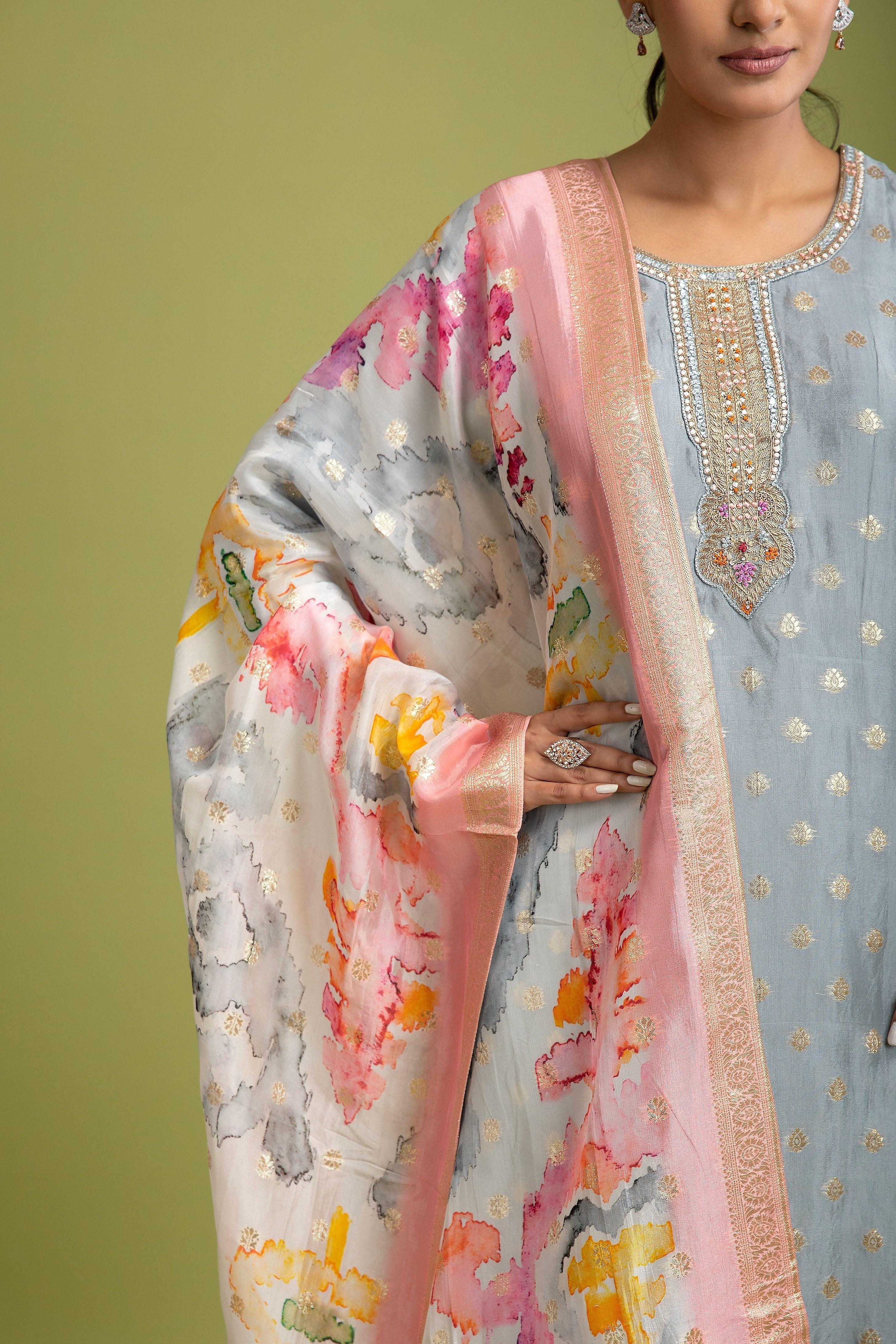 Grey Benrasi silk Kurta set - Mokshaa