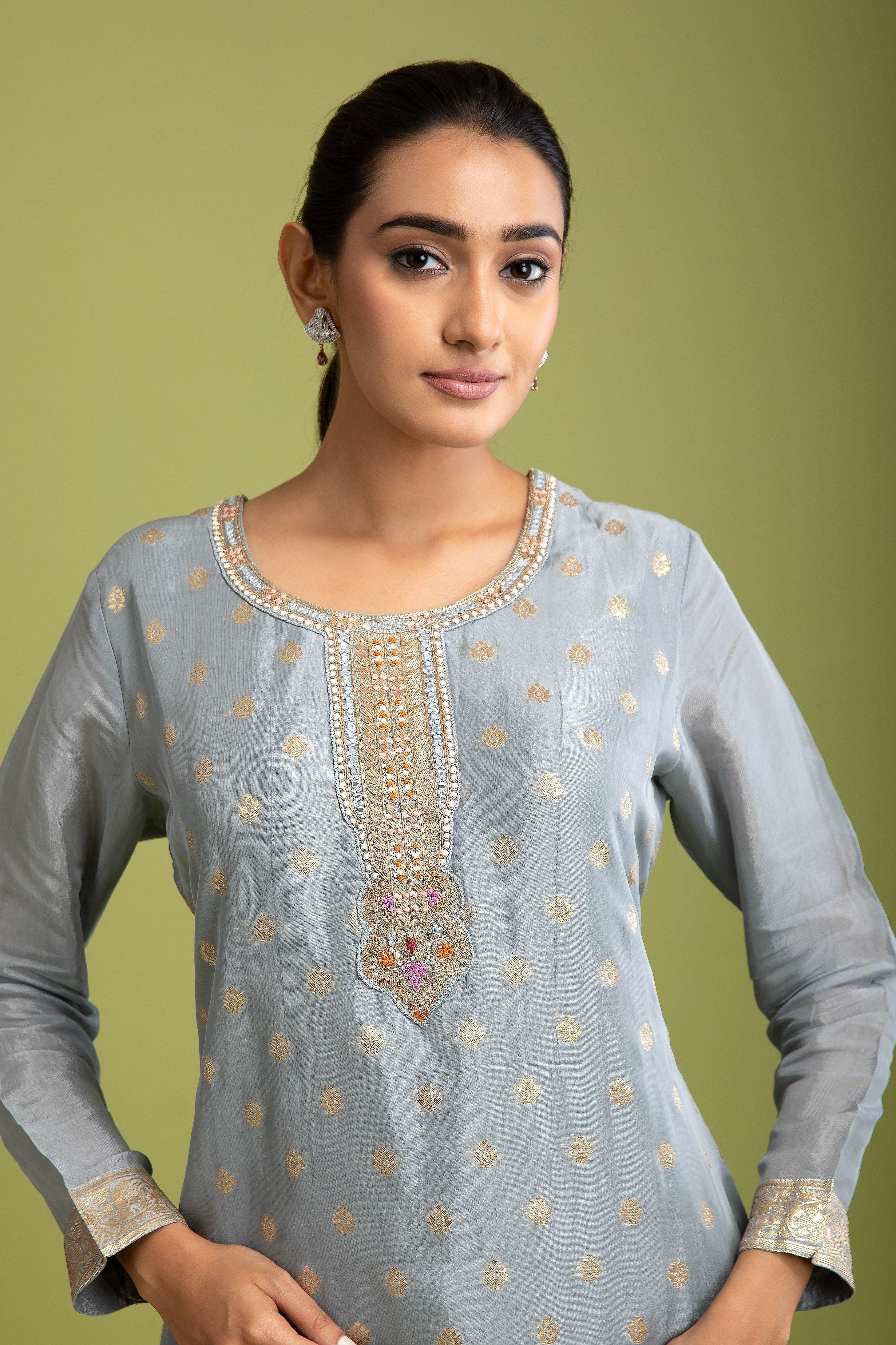 Grey Benrasi silk Kurta set - Mokshaa