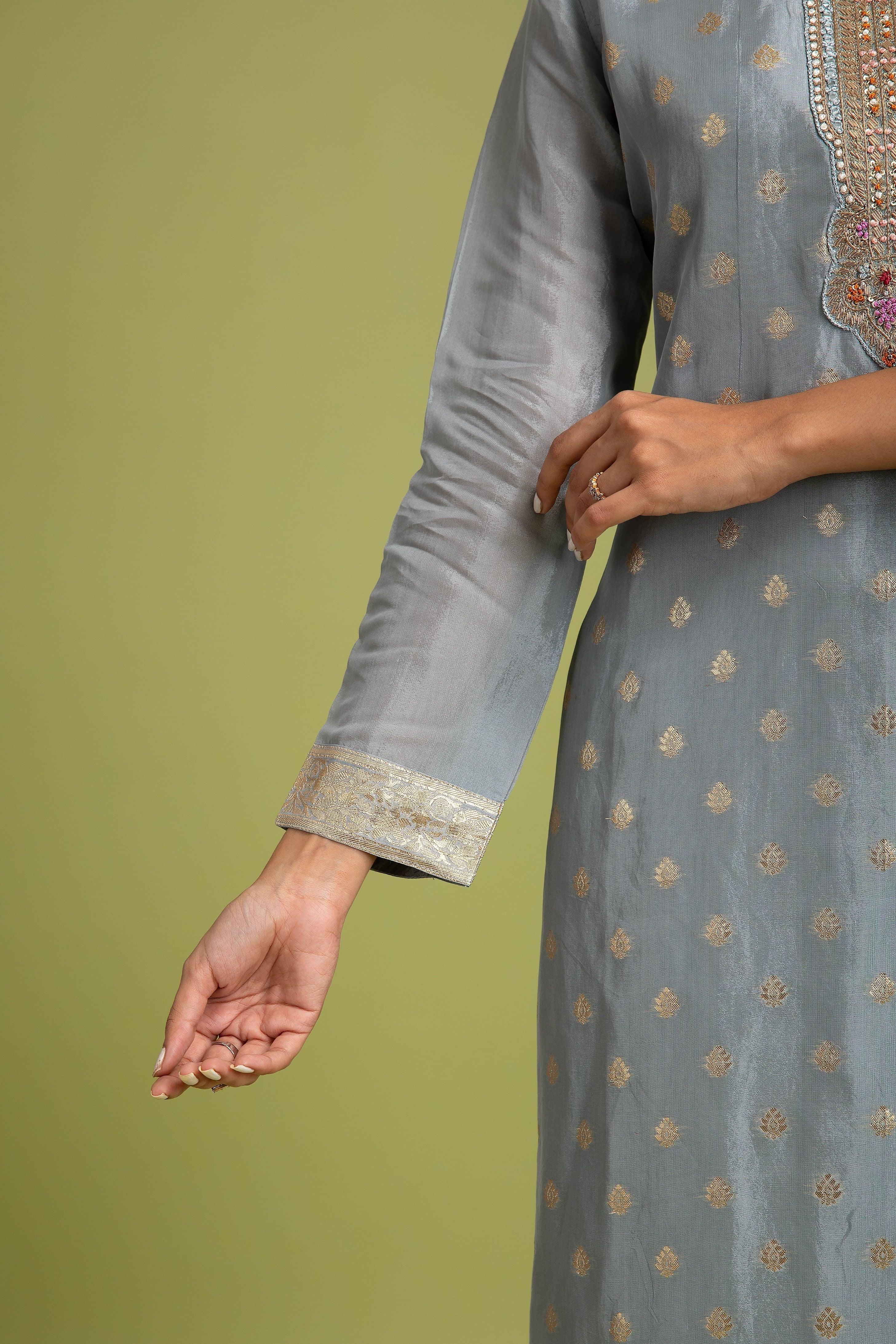 Grey Benrasi silk Kurta set - Mokshaa