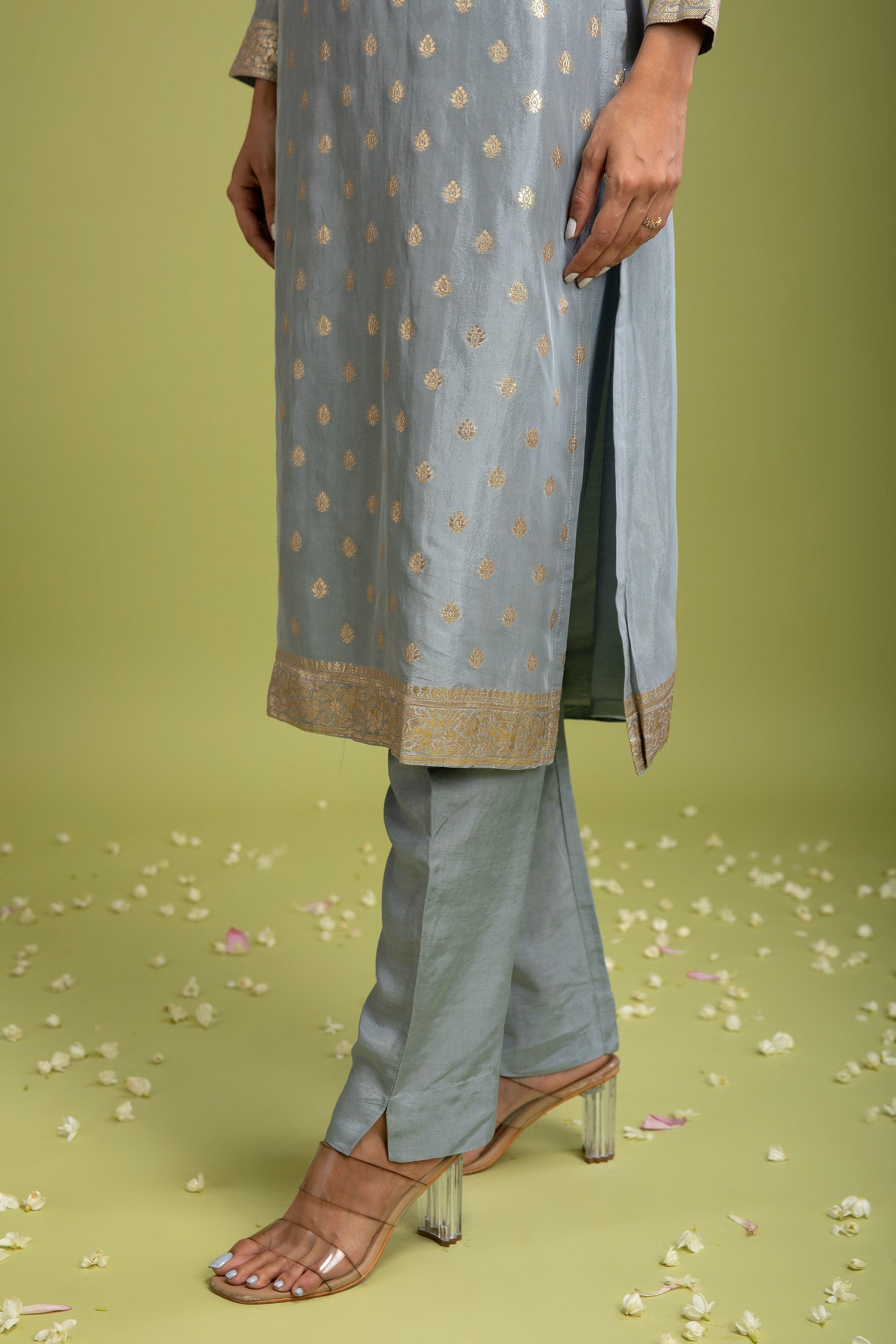 Grey Benrasi silk Kurta set - Mokshaa