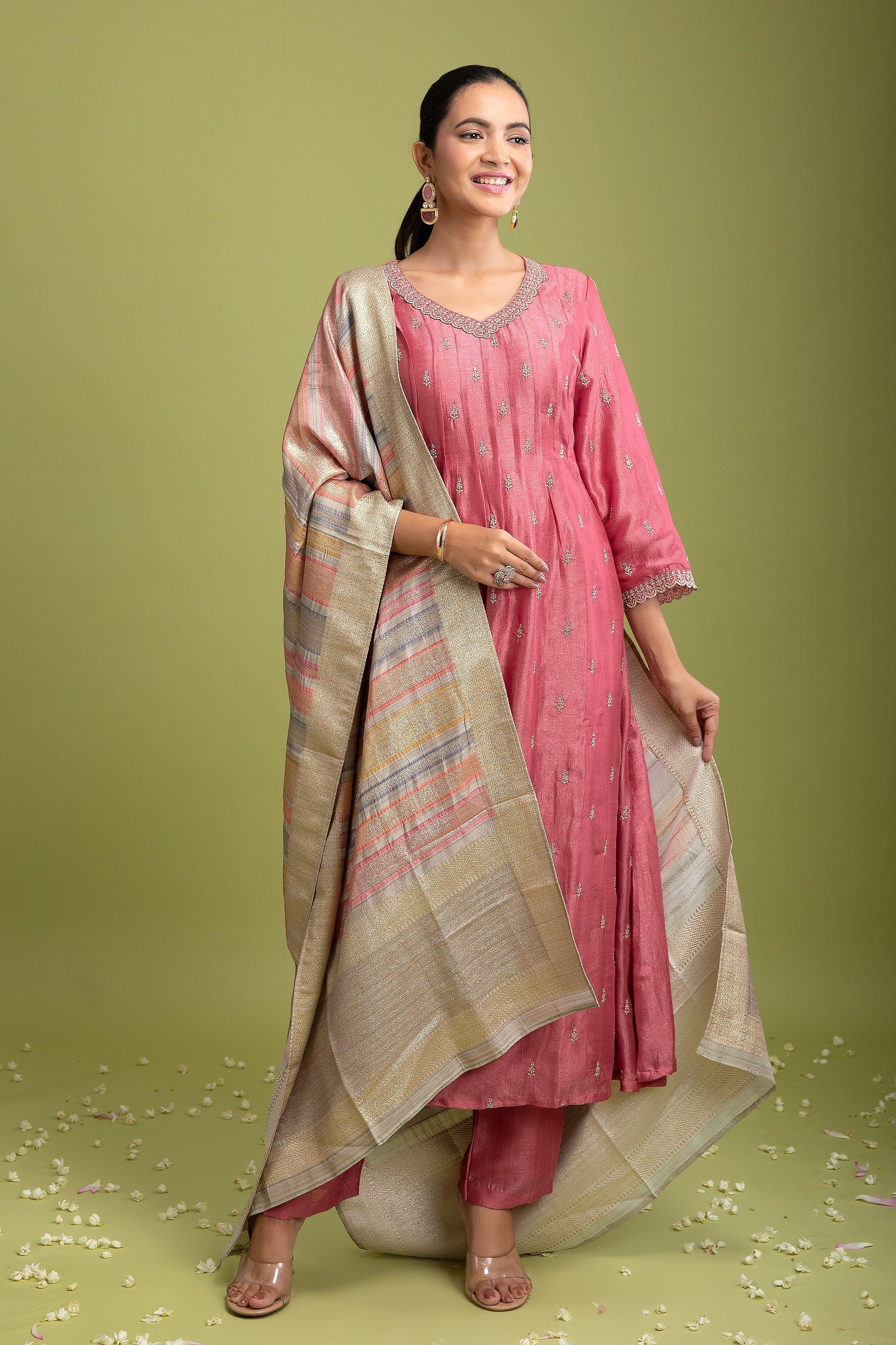 Peach Pink Silk Anarkali set - Mokshaa