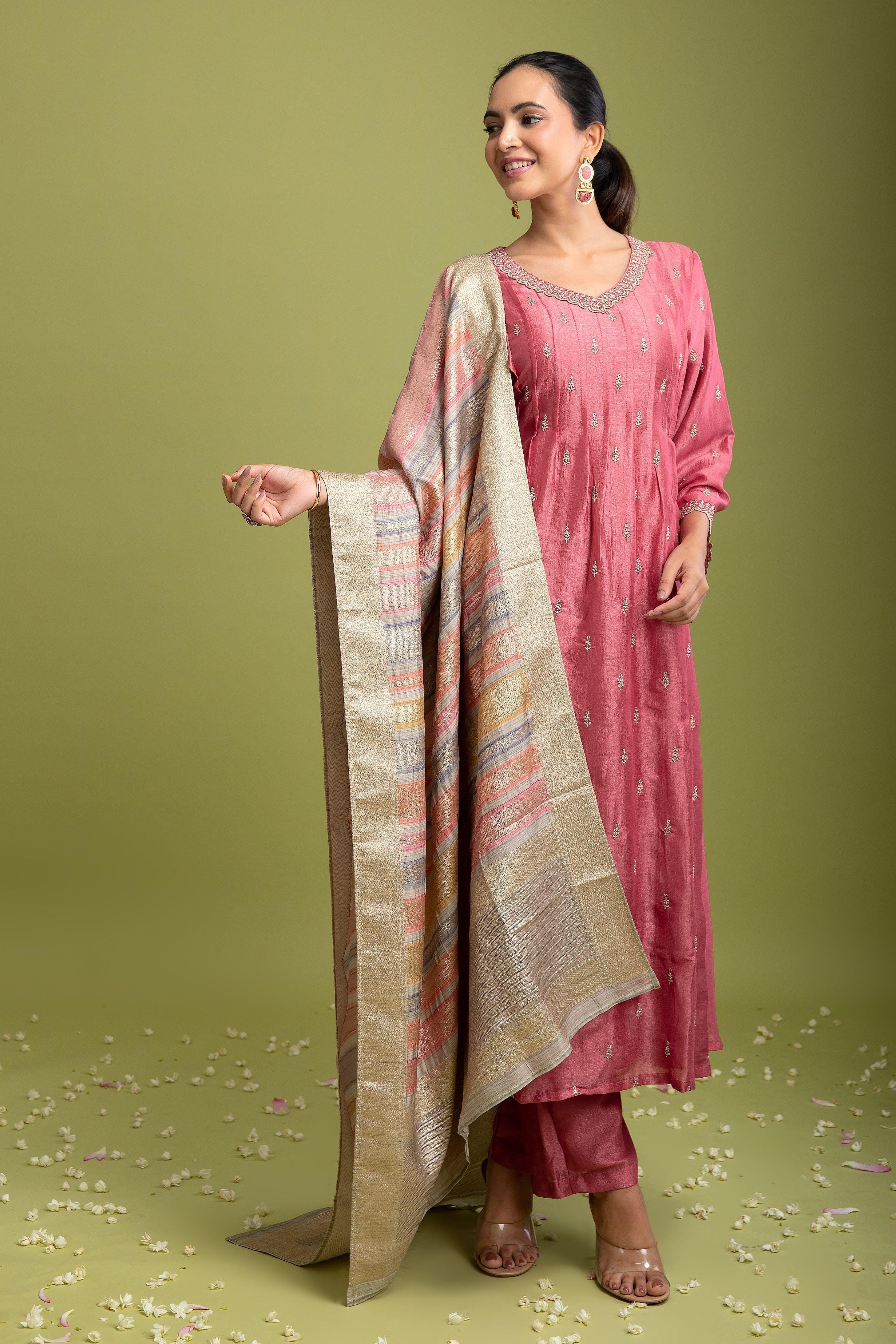 Peach Pink Silk Anarkali set - Mokshaa
