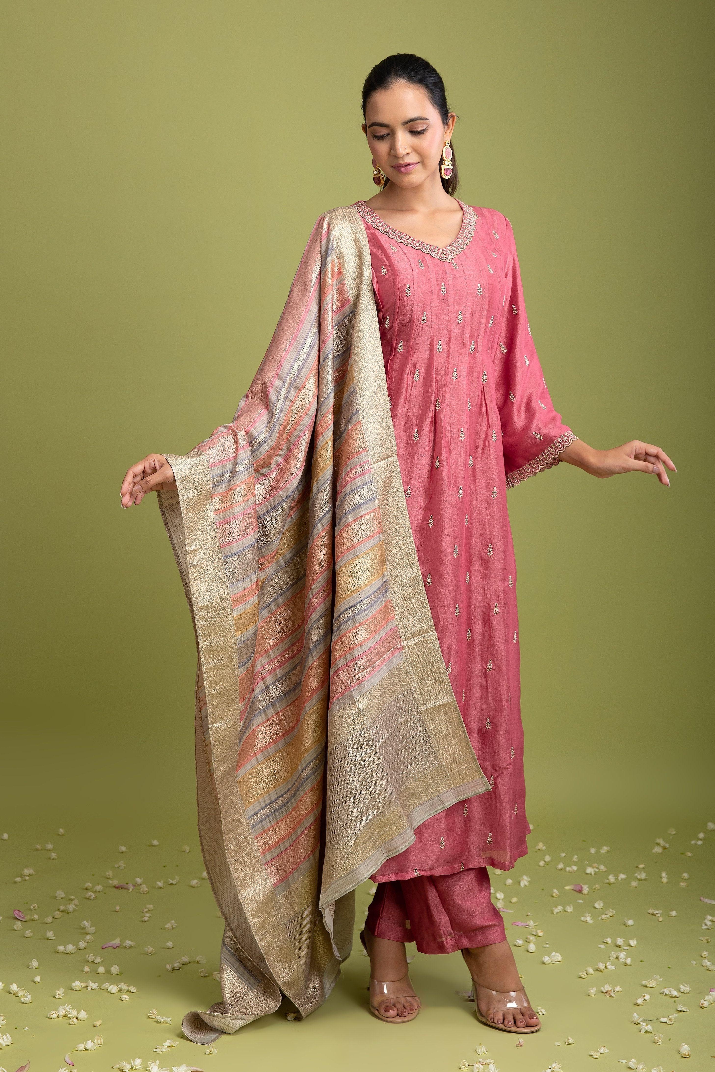 Peach Pink Silk Anarkali set - Mokshaa