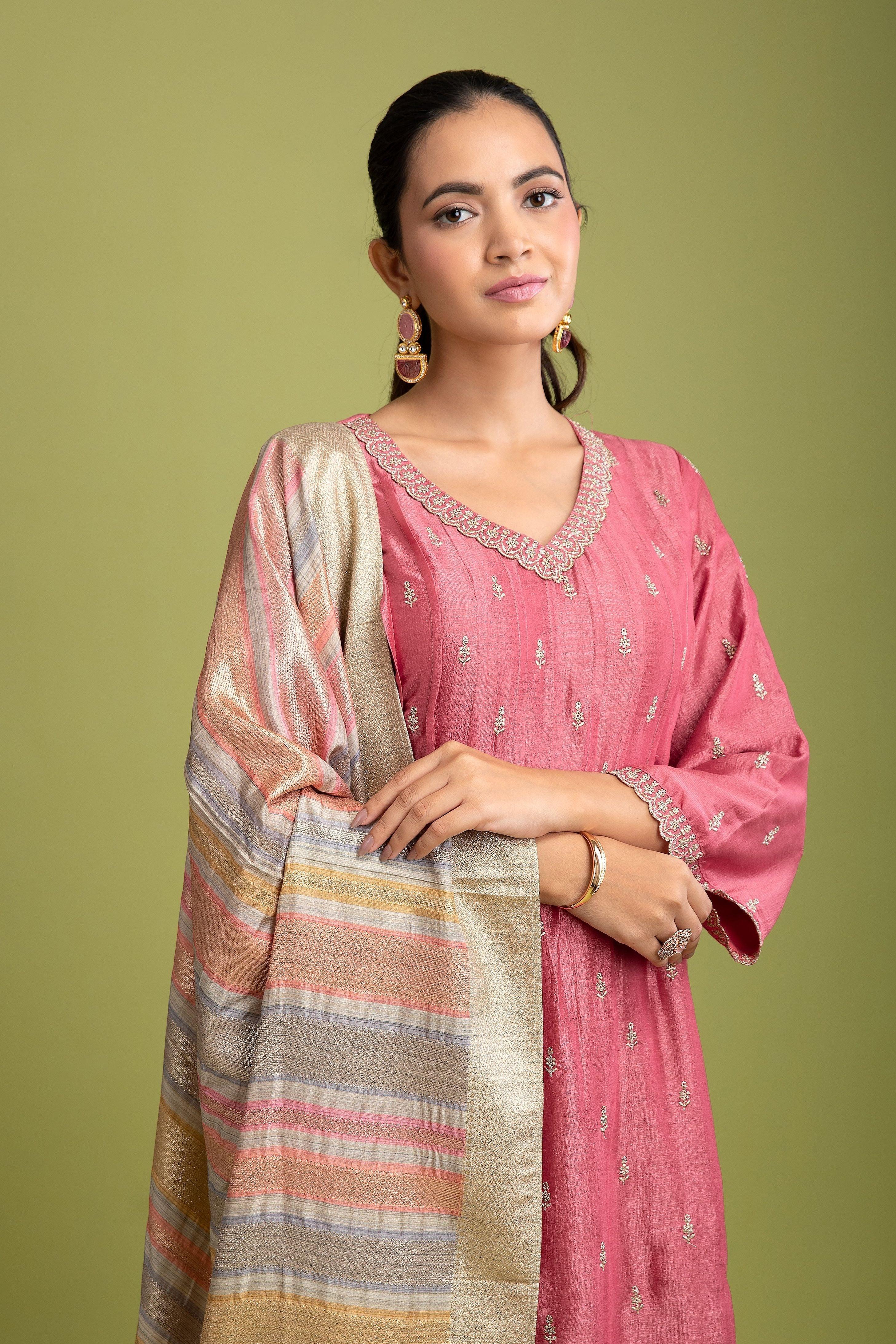 Peach Pink Silk Anarkali set - Mokshaa