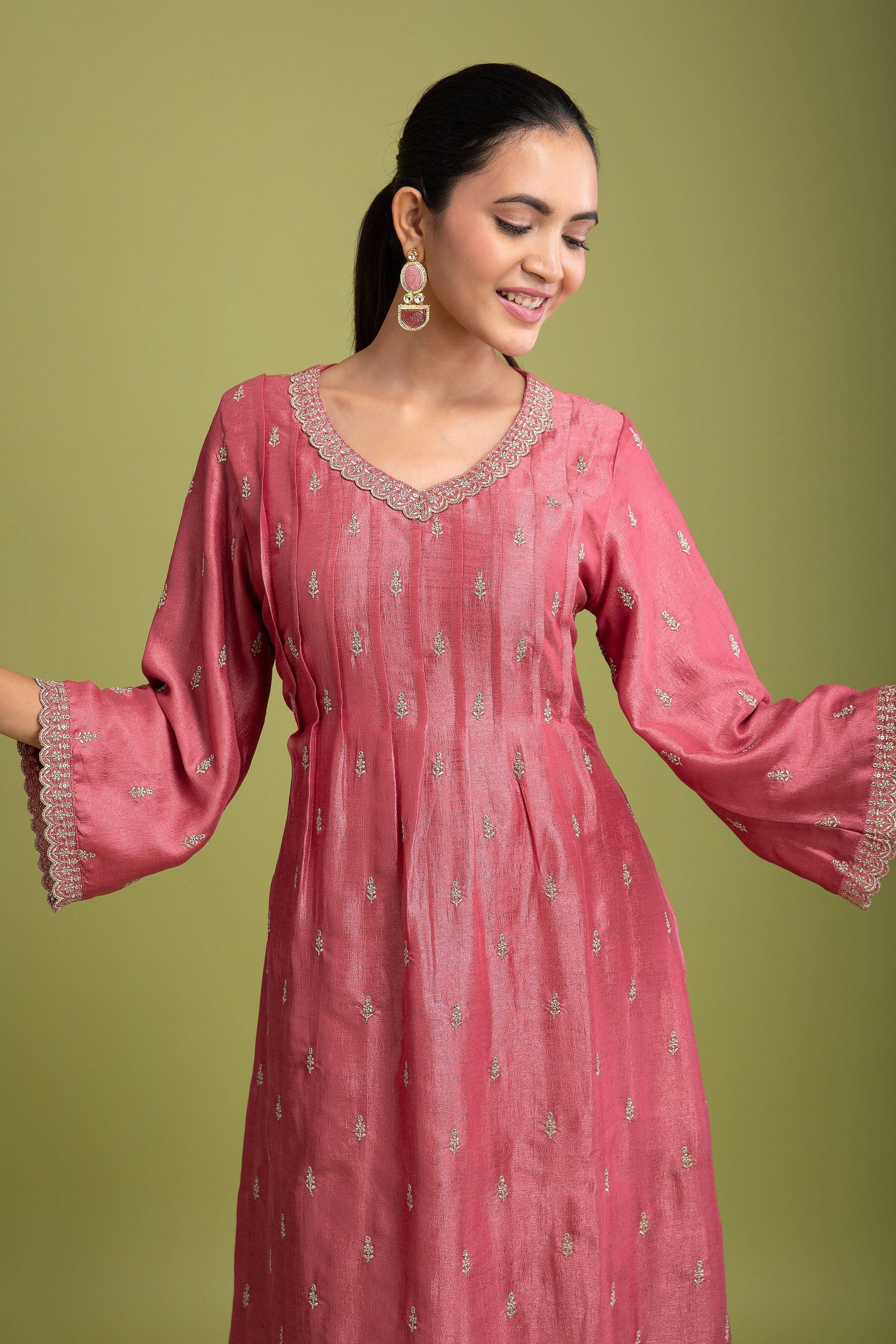 Peach Pink Silk Anarkali set - Mokshaa