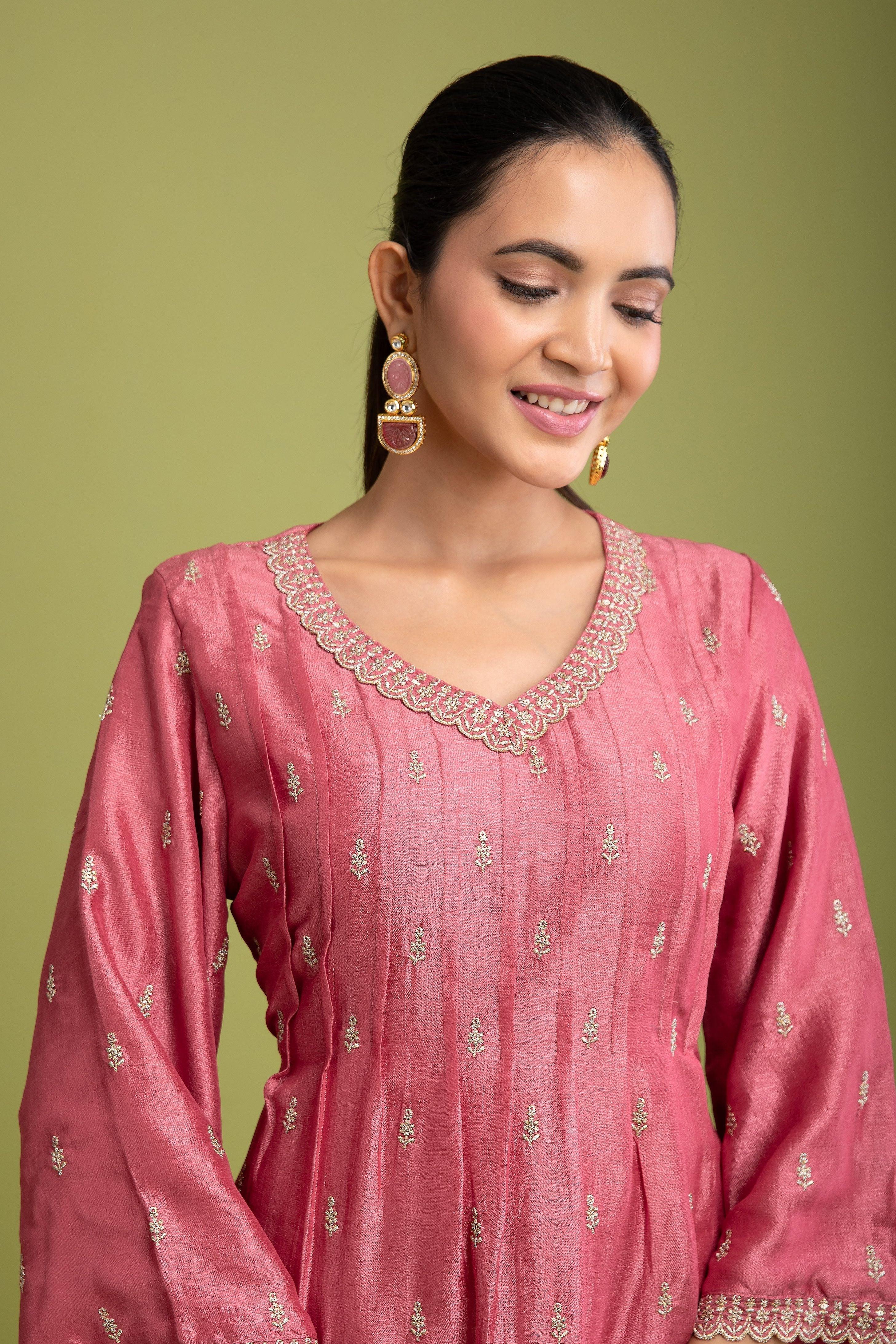 Peach Pink Silk Anarkali set - Mokshaa