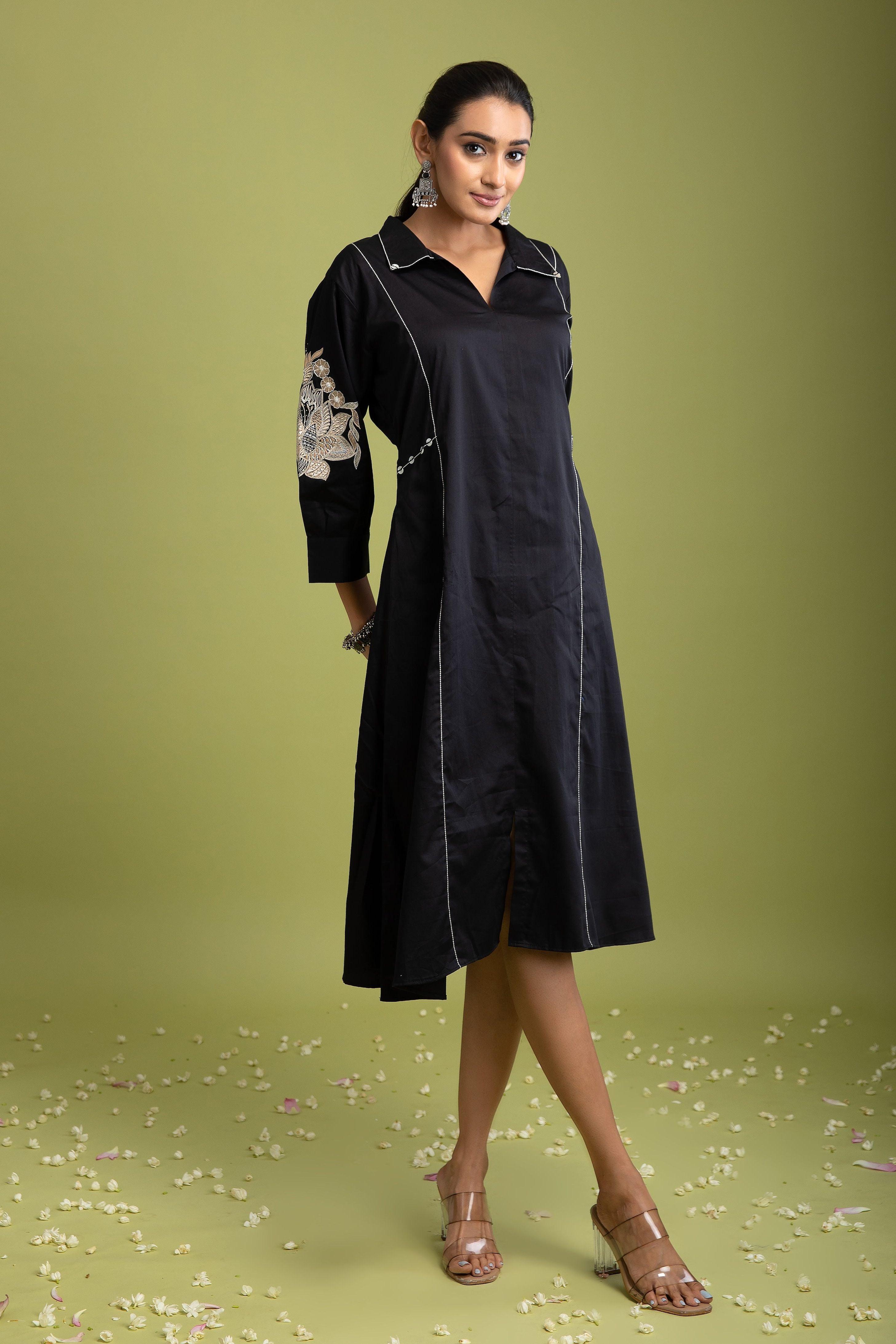Black Chanderi Silk Dress - Mokshaa