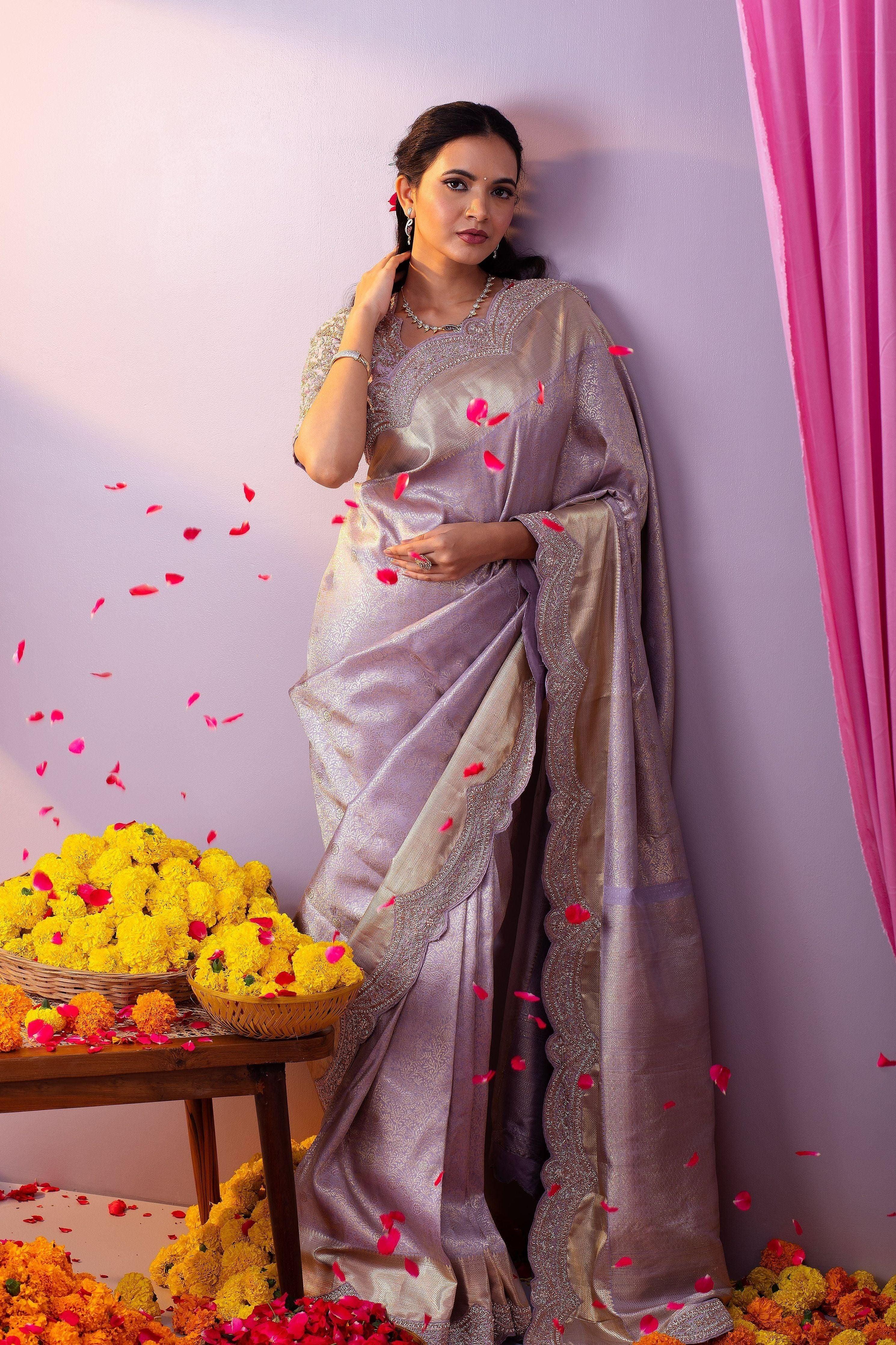 Lilac Kanchipuram Silk Saree With Zardosi Work And Scallop Border - Mokshaa