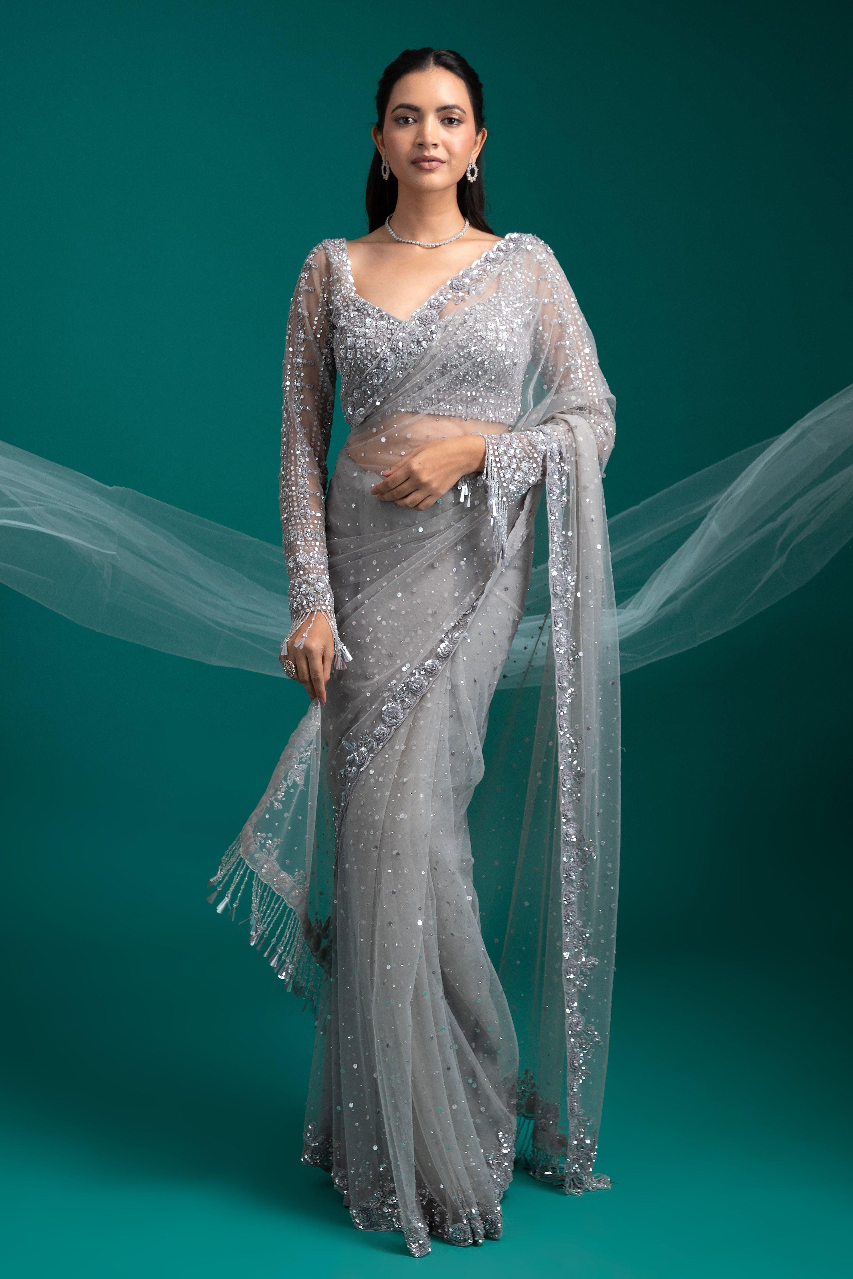 Silver Grey Sequined Net Saree - Mokshaa