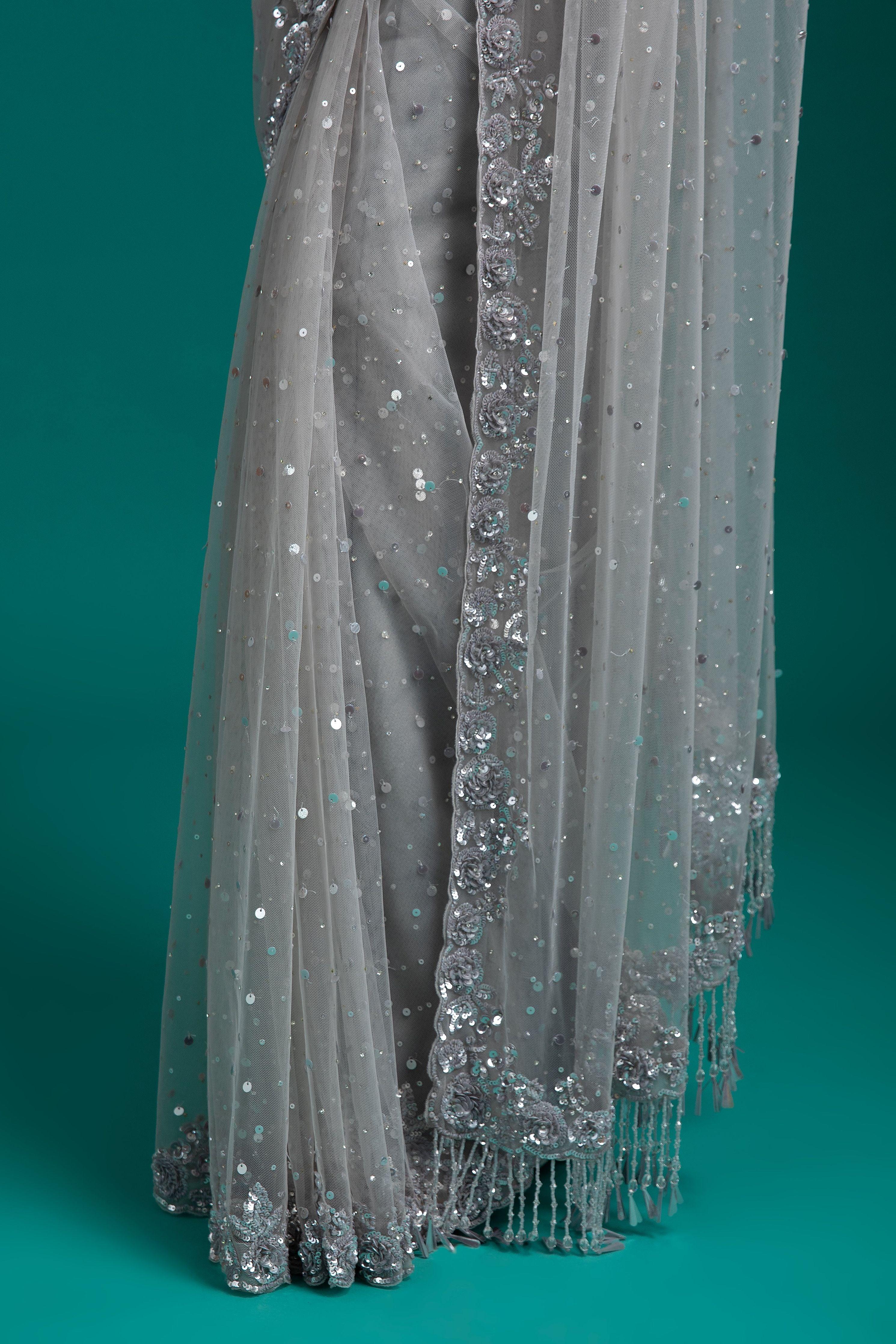 Silver Grey Sequined Net Saree - Mokshaa