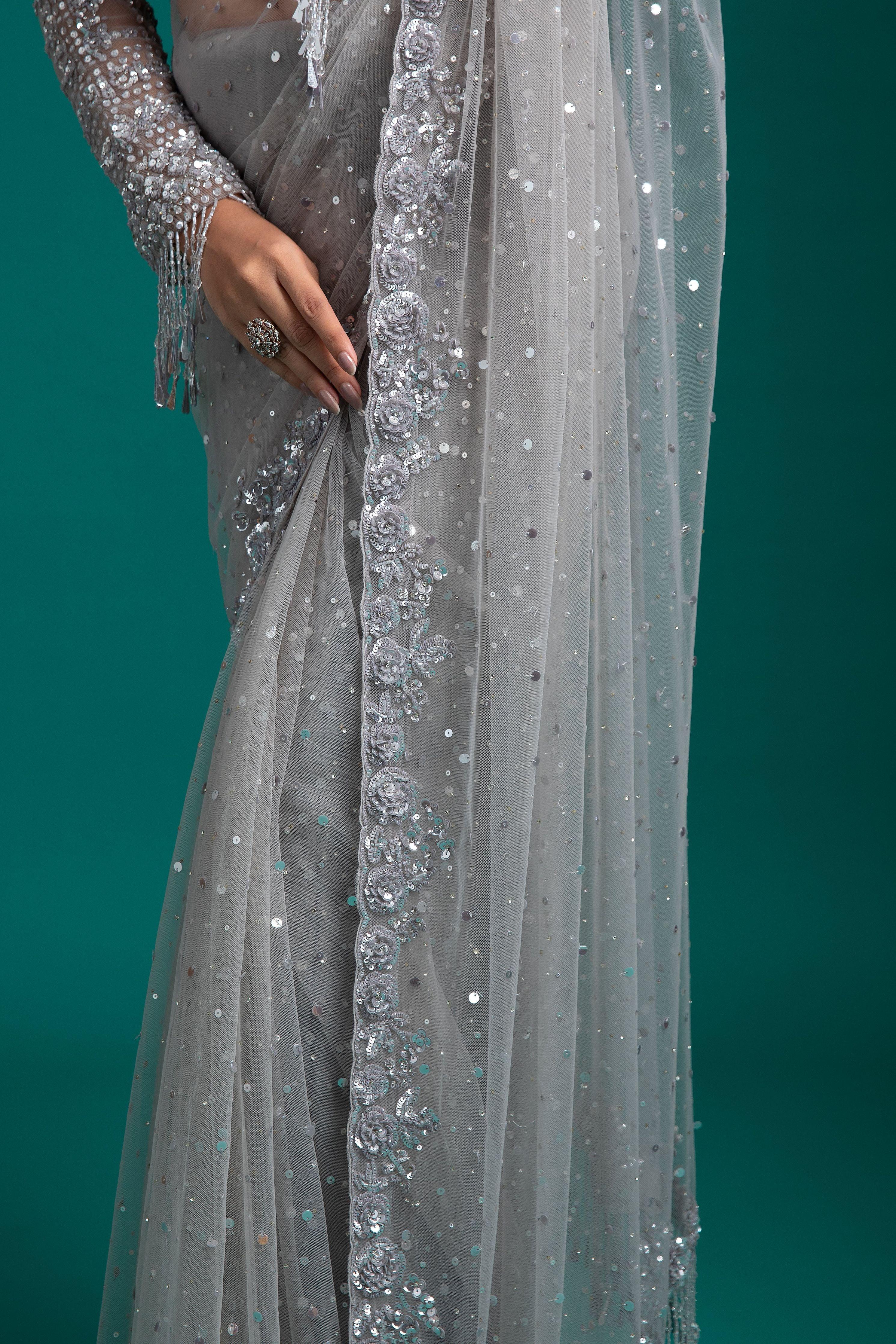Silver Grey Sequined Net Saree - Mokshaa