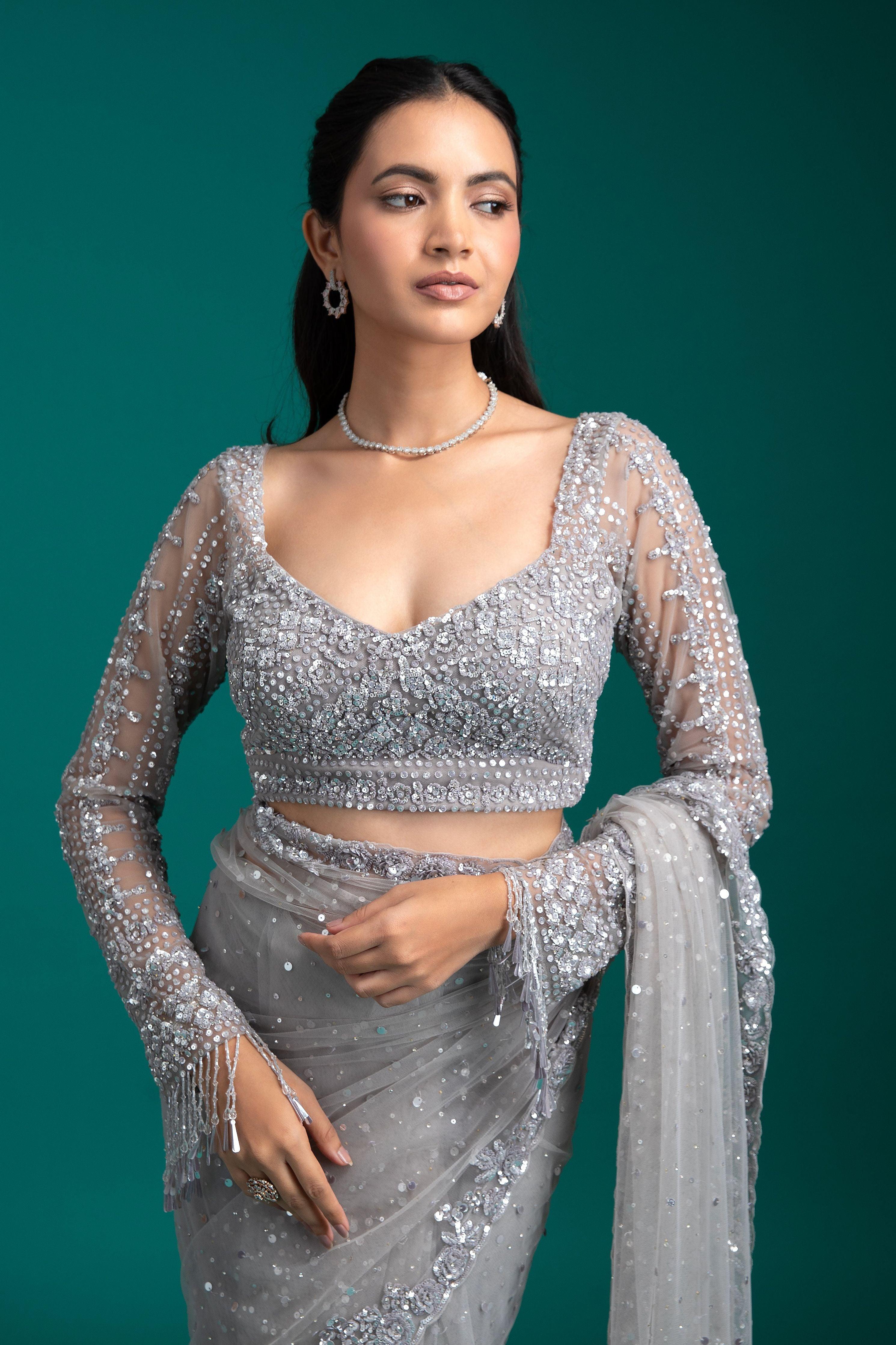 Silver Grey Sequined Net Saree - Mokshaa