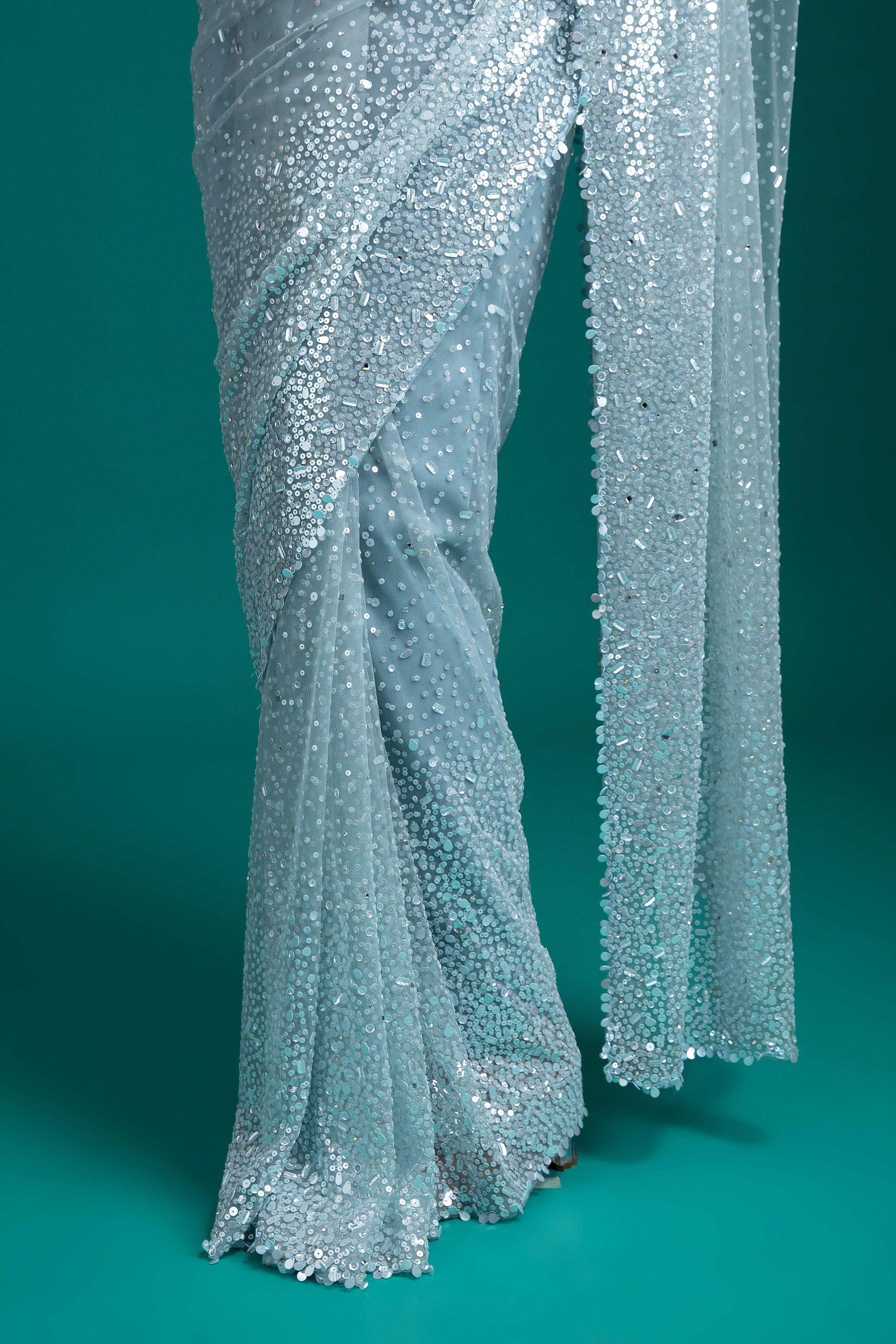 Ice Blue Sequined Net Saree - Mokshaa