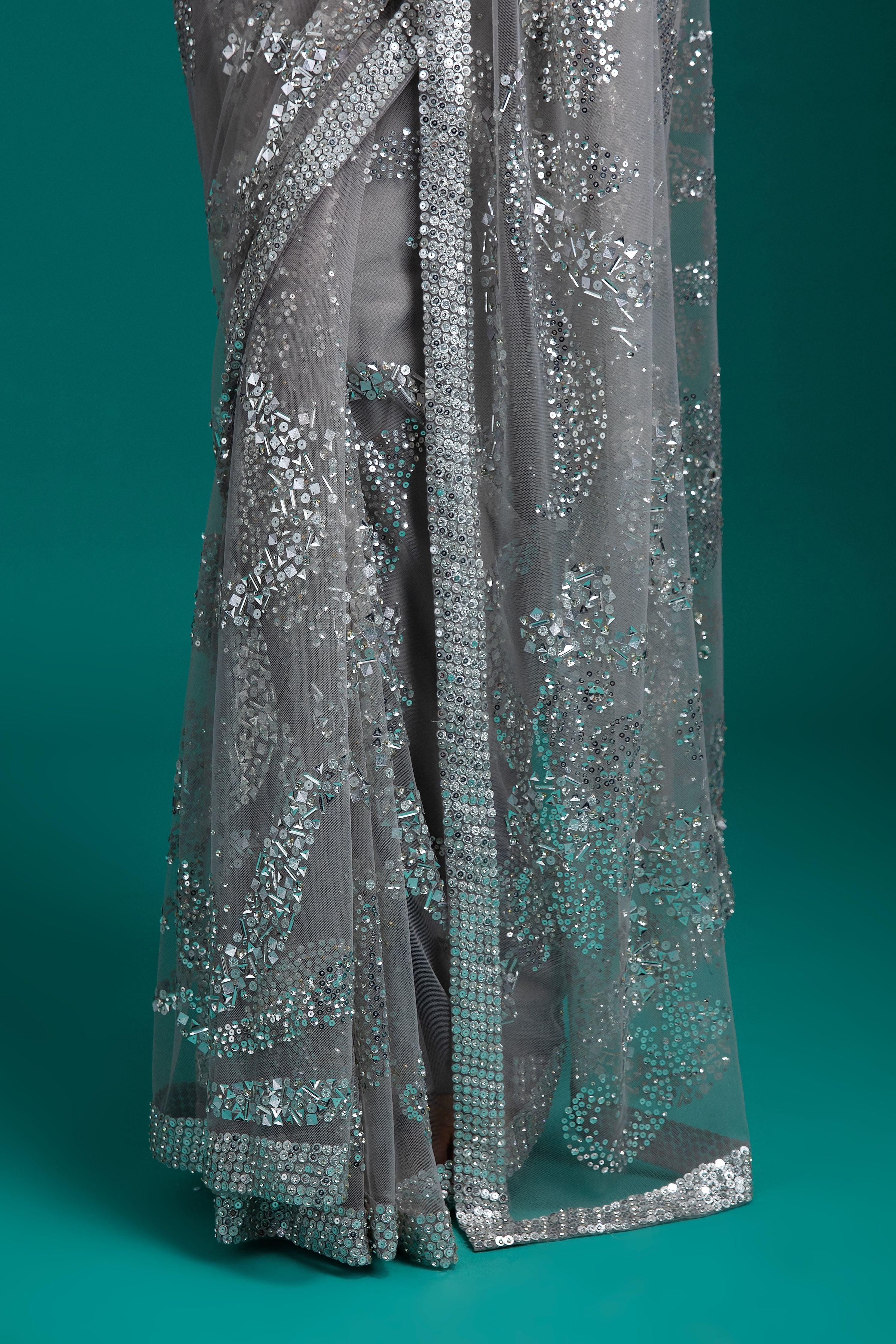Silver Grey Sequined Net Saree - Mokshaa