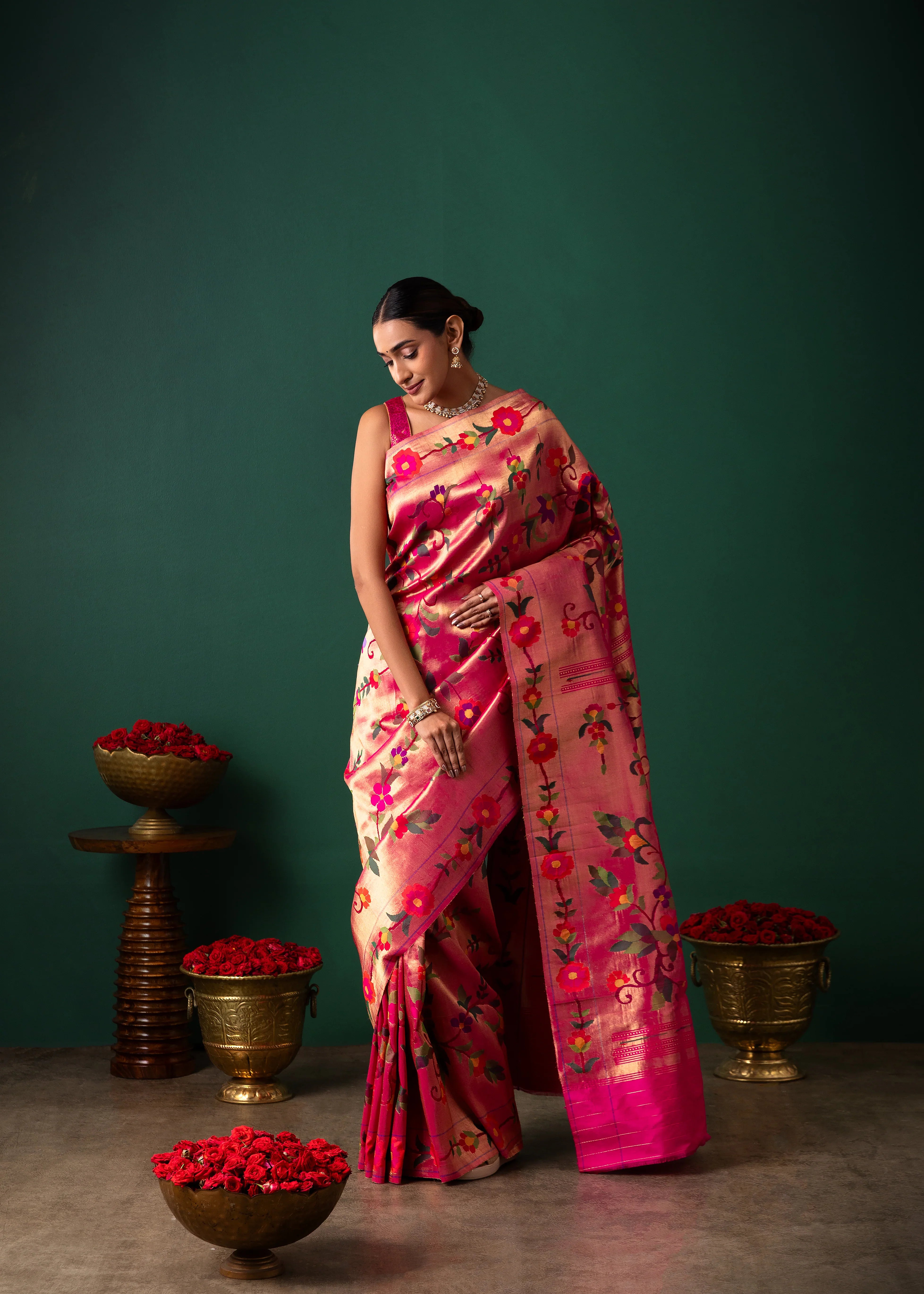 Pink Paithani Tissue Saree with All Over Jaal Weaving | Mokshaa