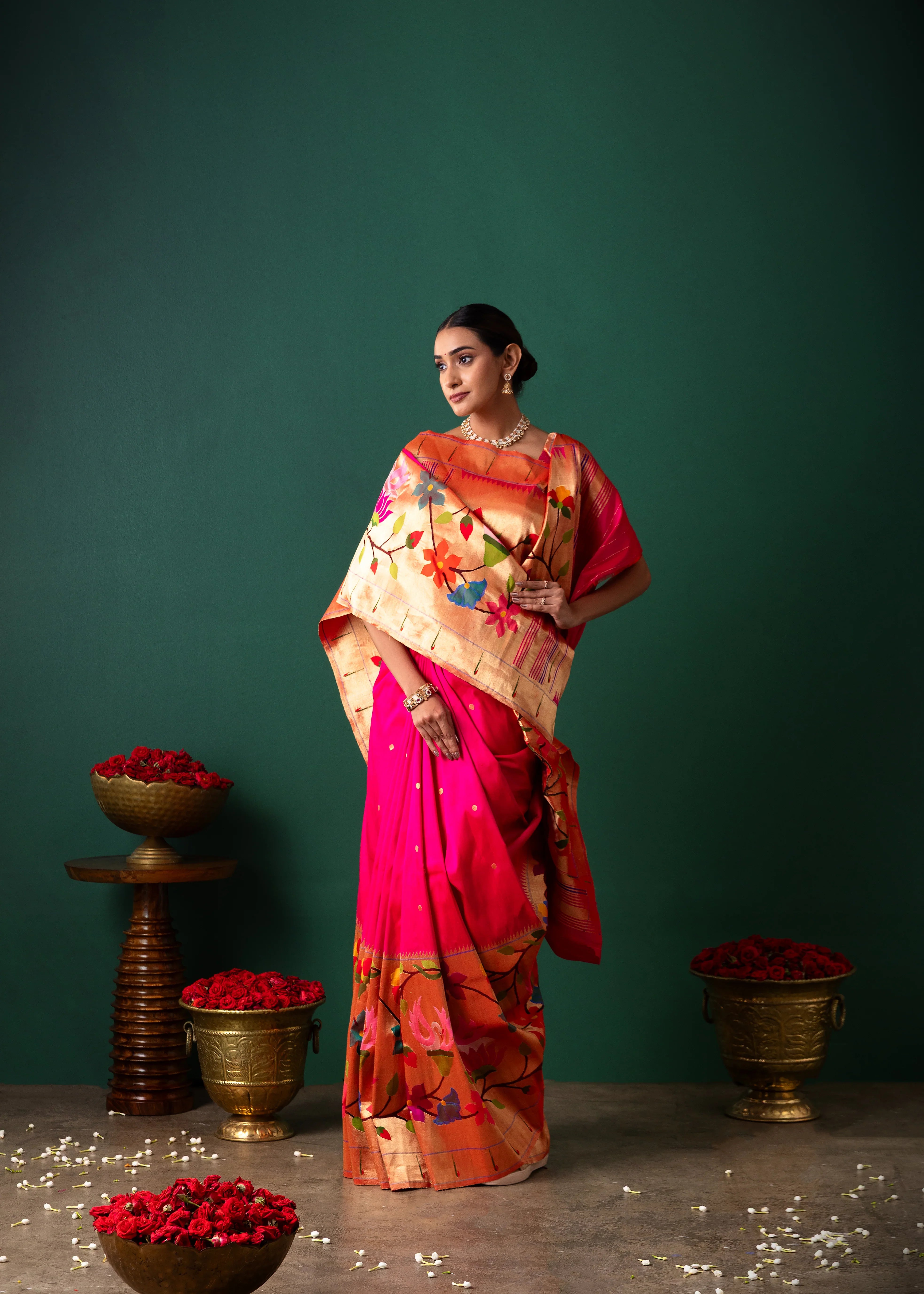 Pink Orange Paithani Silk Saree Buttis & Jaal Border | Mokshaa