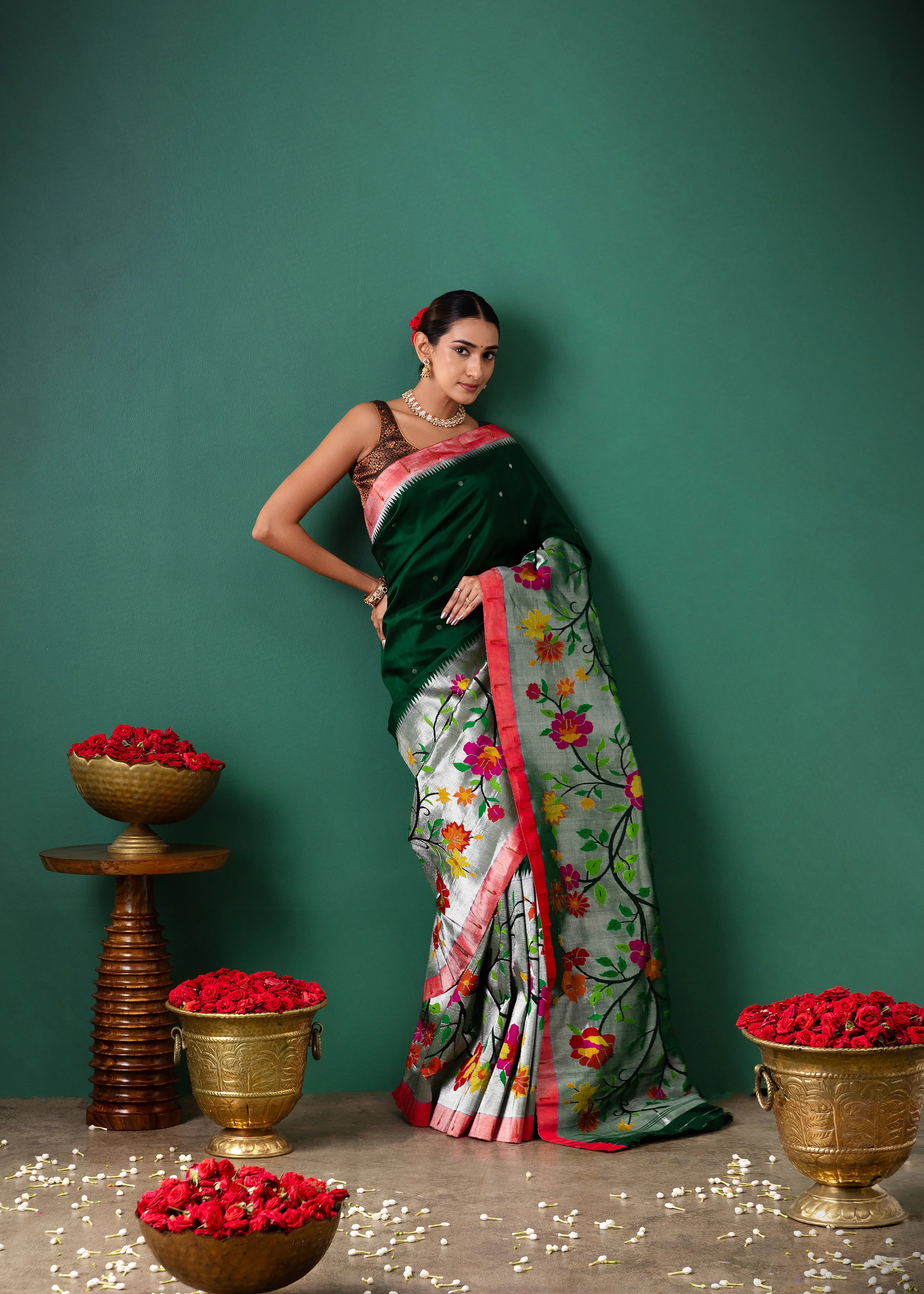 Green Paithani Tissue Saree with All Over Jaal Weaving | Mokshaa