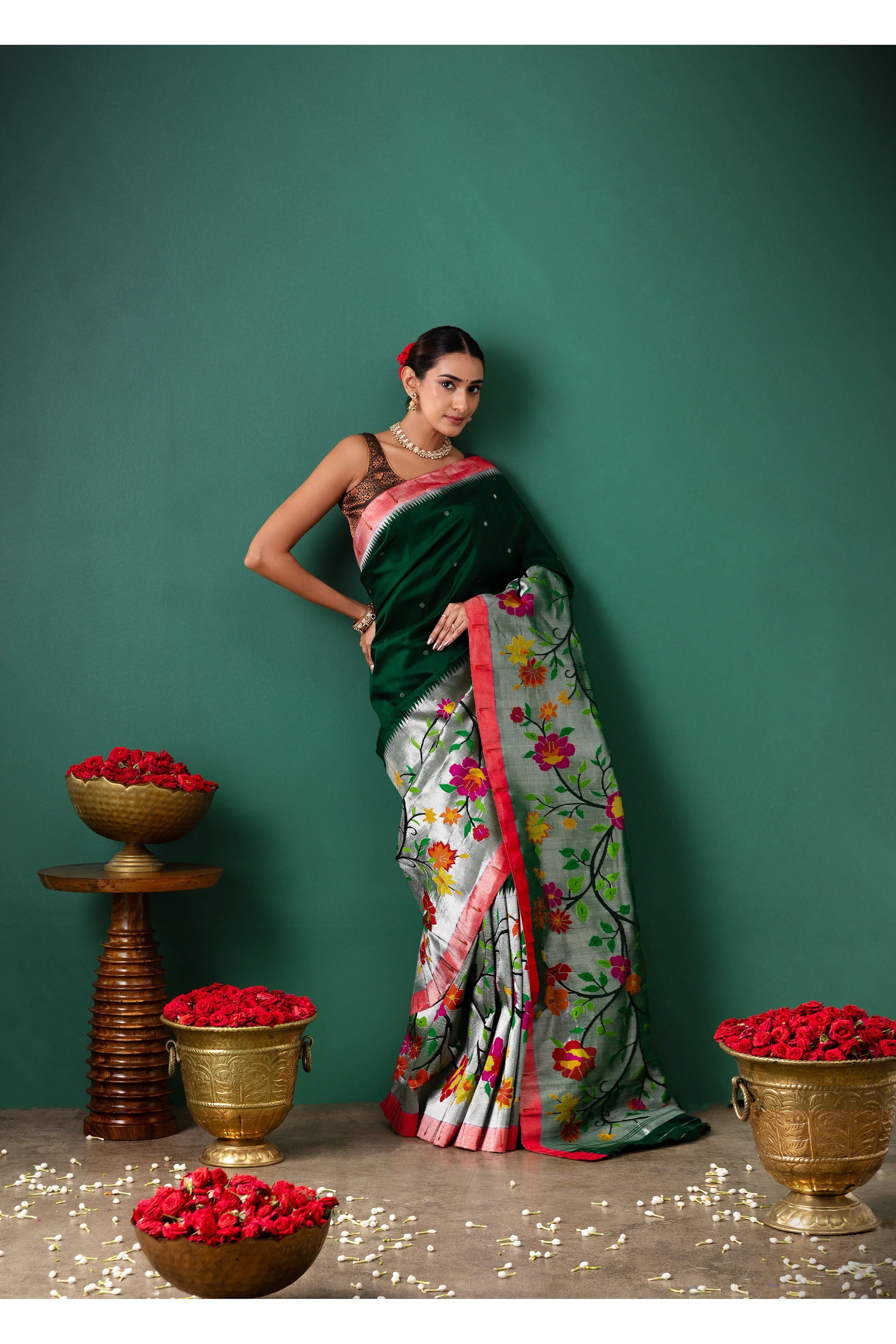 Green Paithani Tissue Saree with All Over Jaal Weaving - Mokshaa