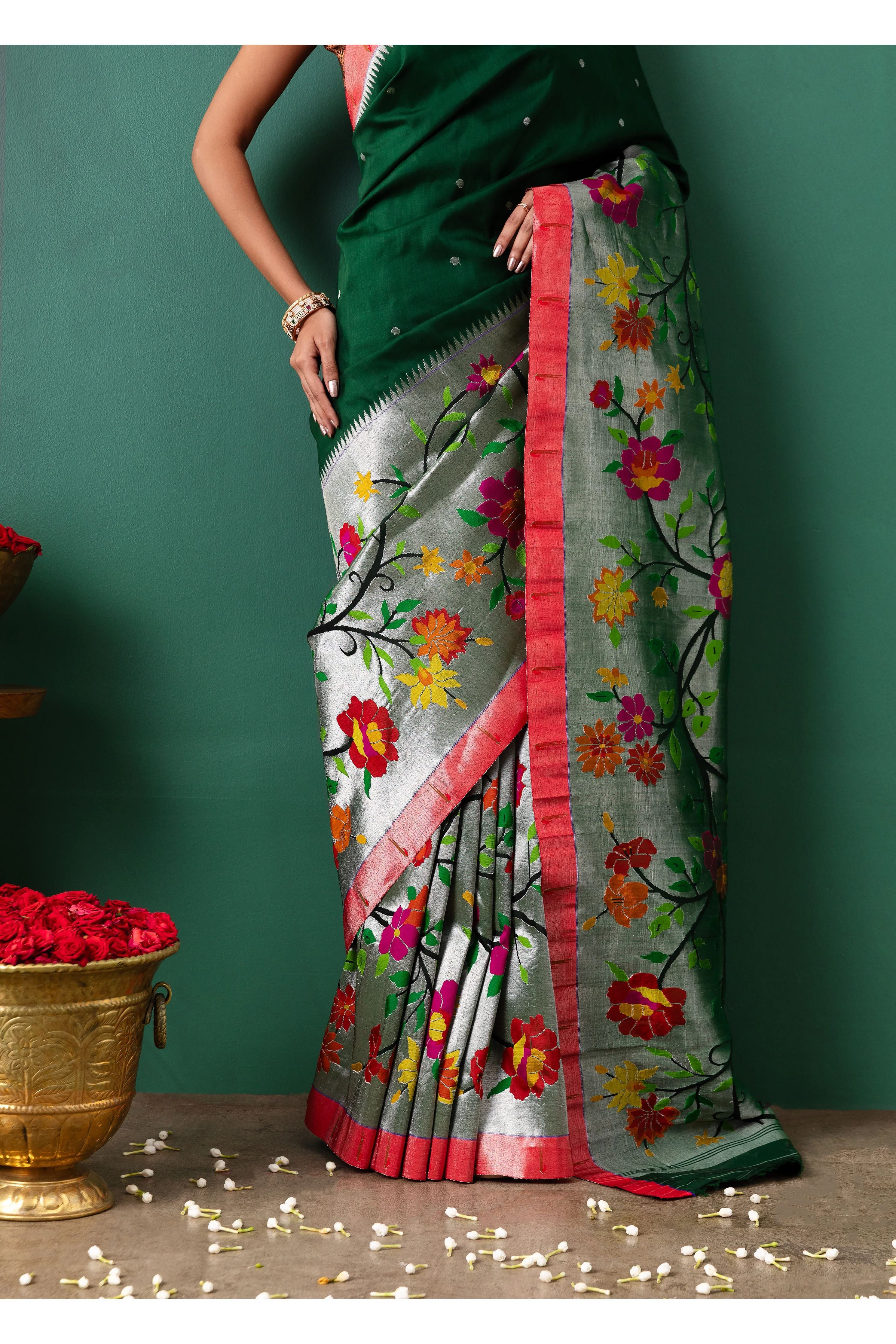 Green Paithani Tissue Saree with All Over Jaal Weaving - Mokshaa
