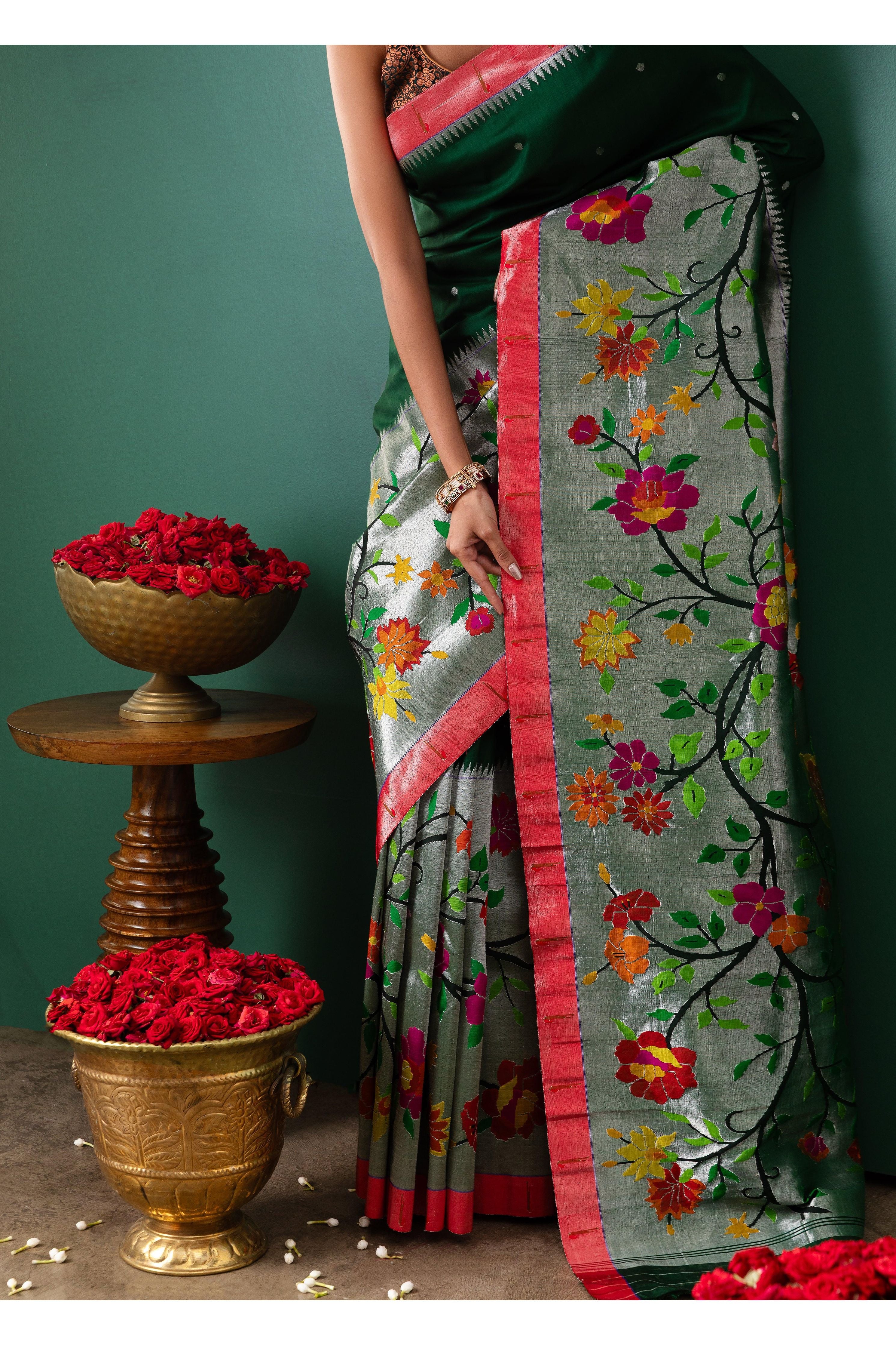 Green Paithani Tissue Saree with All Over Jaal Weaving - Mokshaa