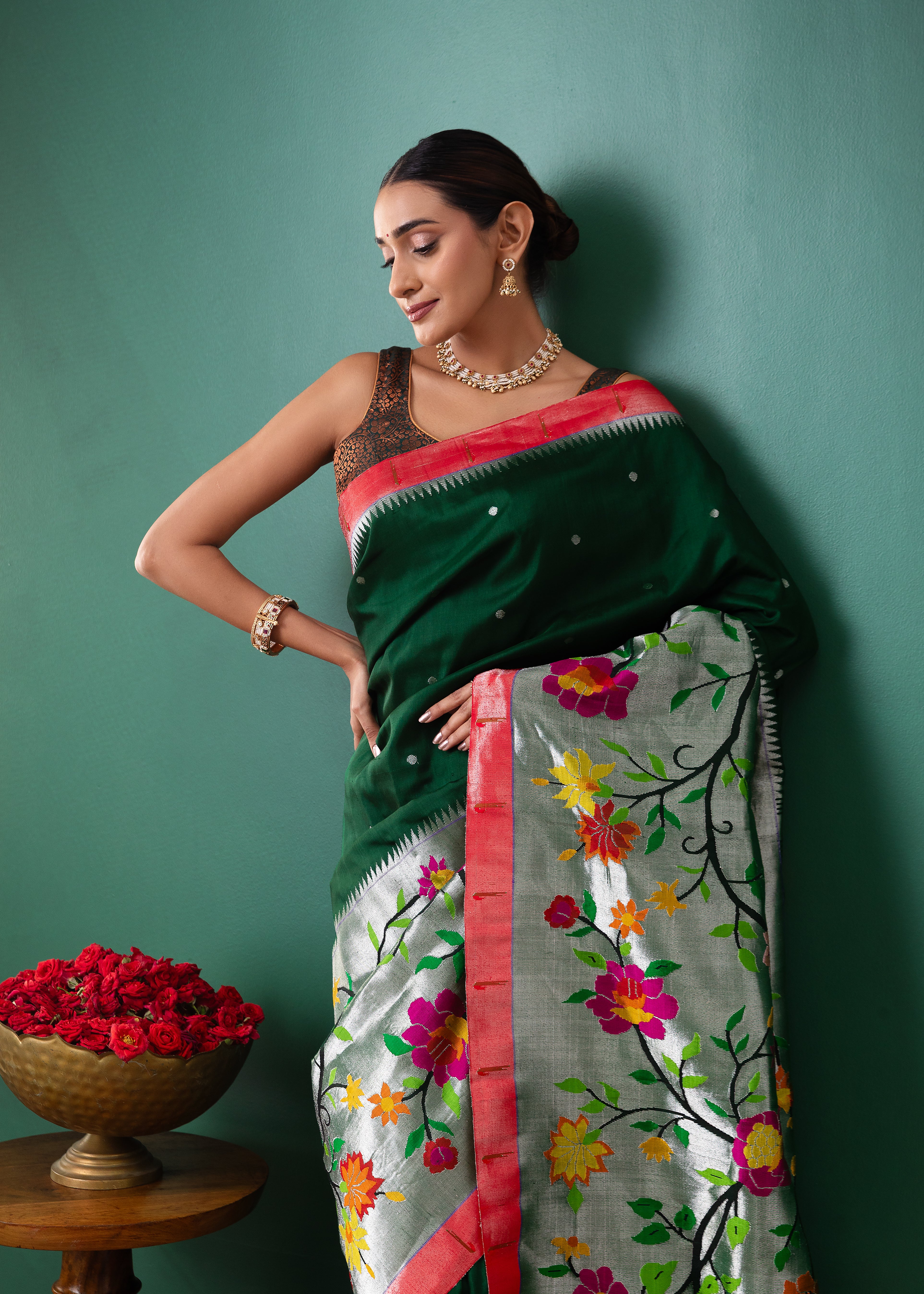 Green Paithani Tissue Saree with All Over Jaal Weaving