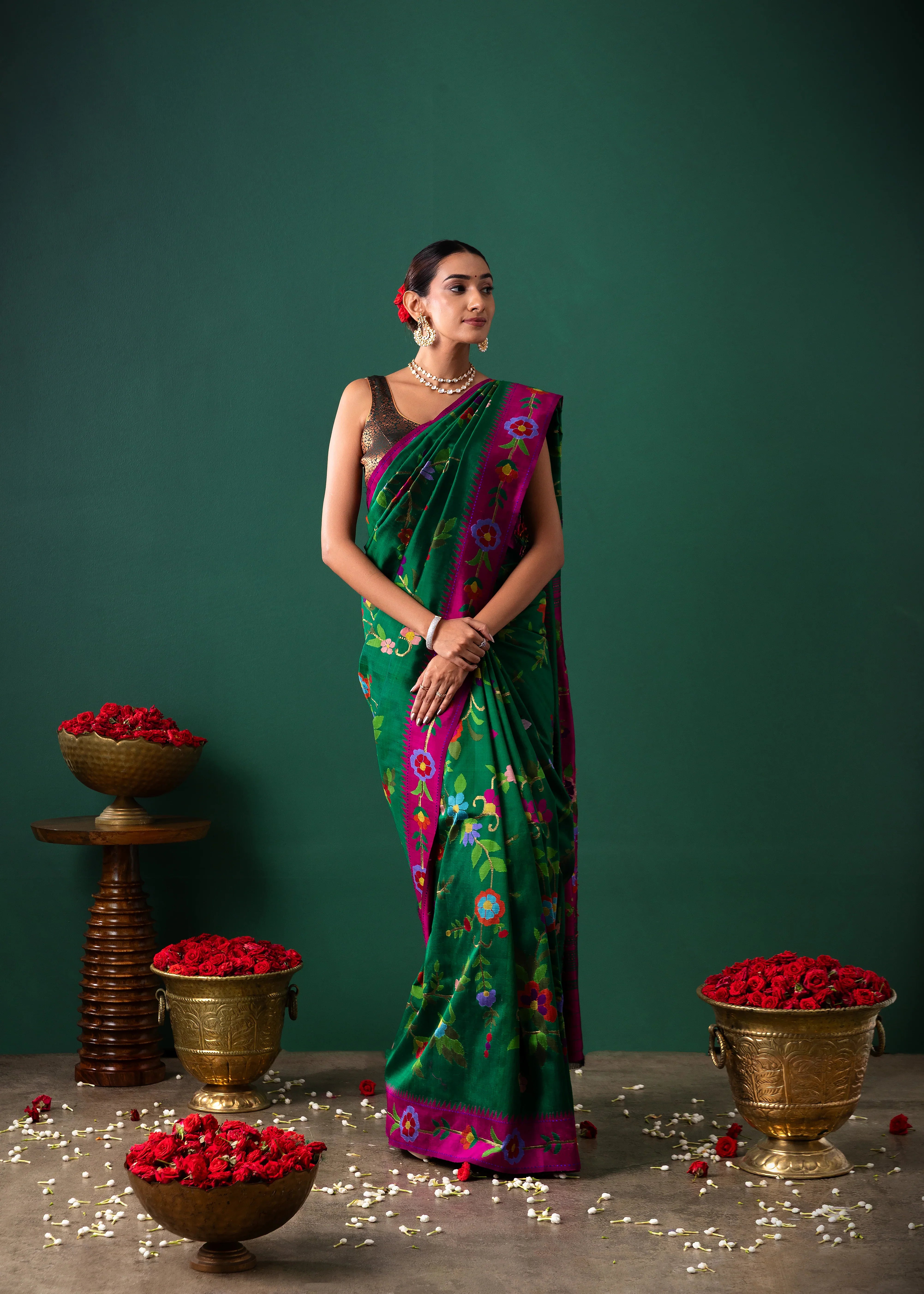 Green Paithani Silk Saree with All Over Jaal and Contrast Pink Border | Mokshaa