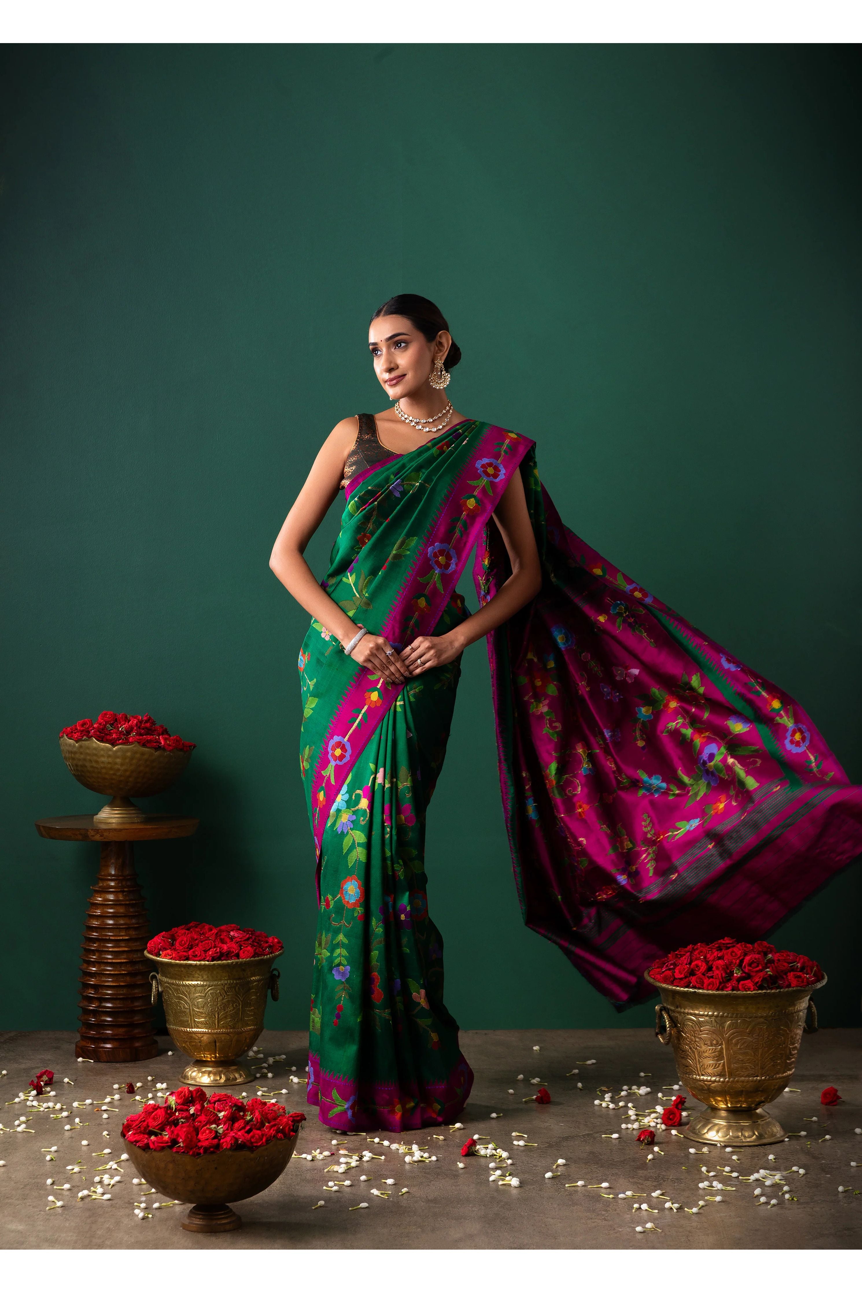 Green Paithani Silk Saree with All Over Jaal and Contrast Pink Border - Mokshaa