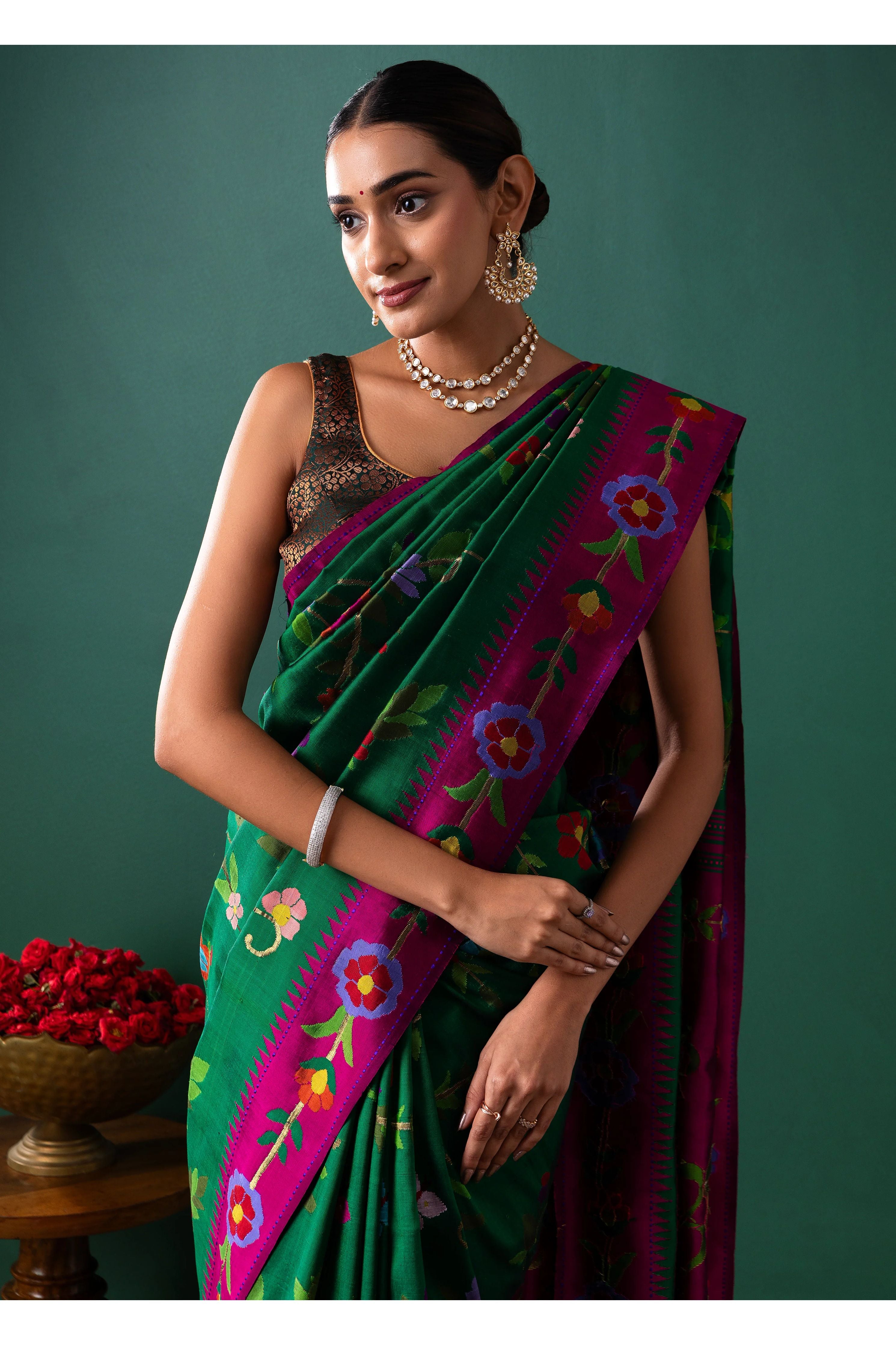 Green Paithani Silk Saree with All Over Jaal and Contrast Pink Border - Mokshaa