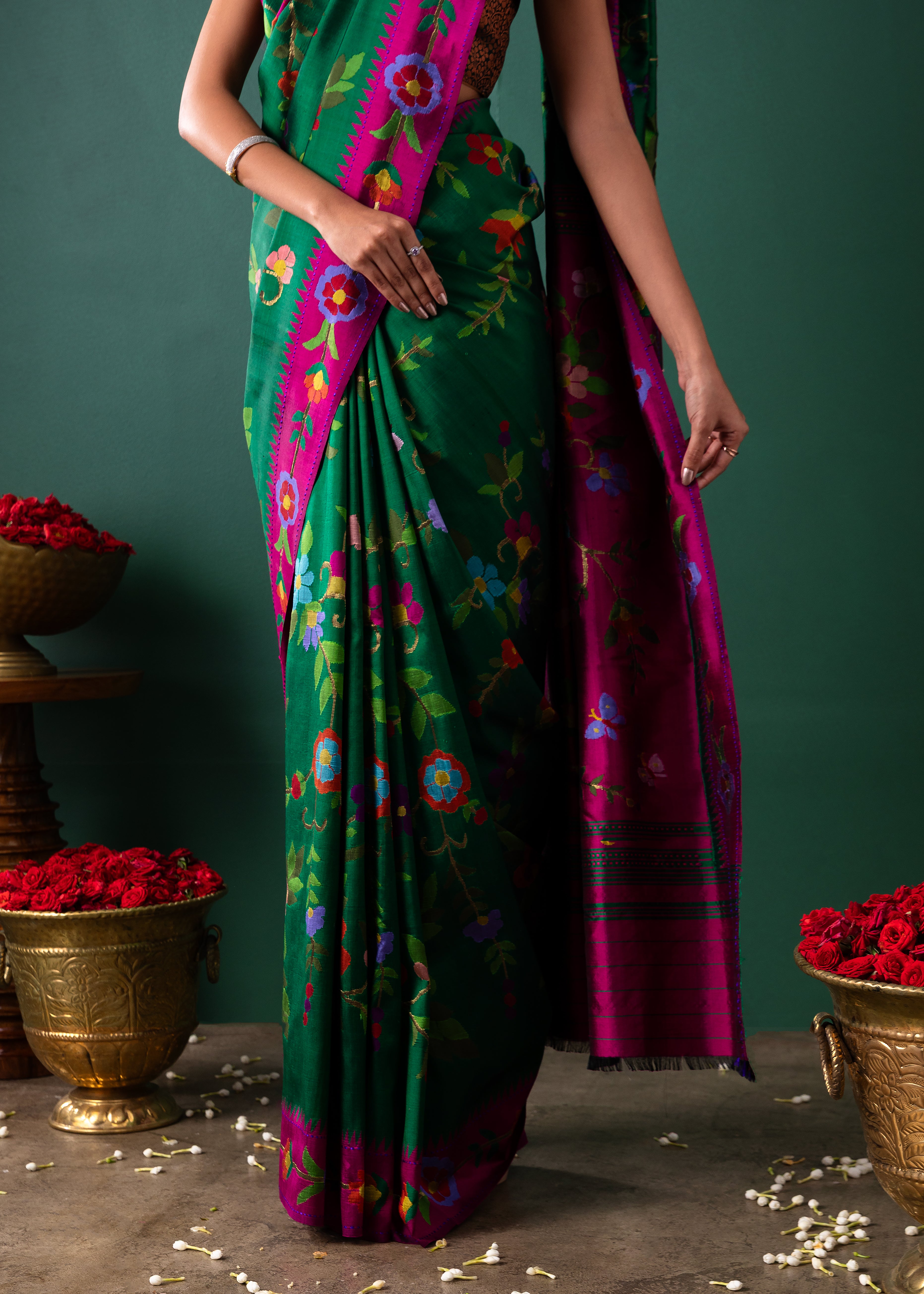Green Paithani Silk Saree with All Over Jaal and Contrast Pink Border