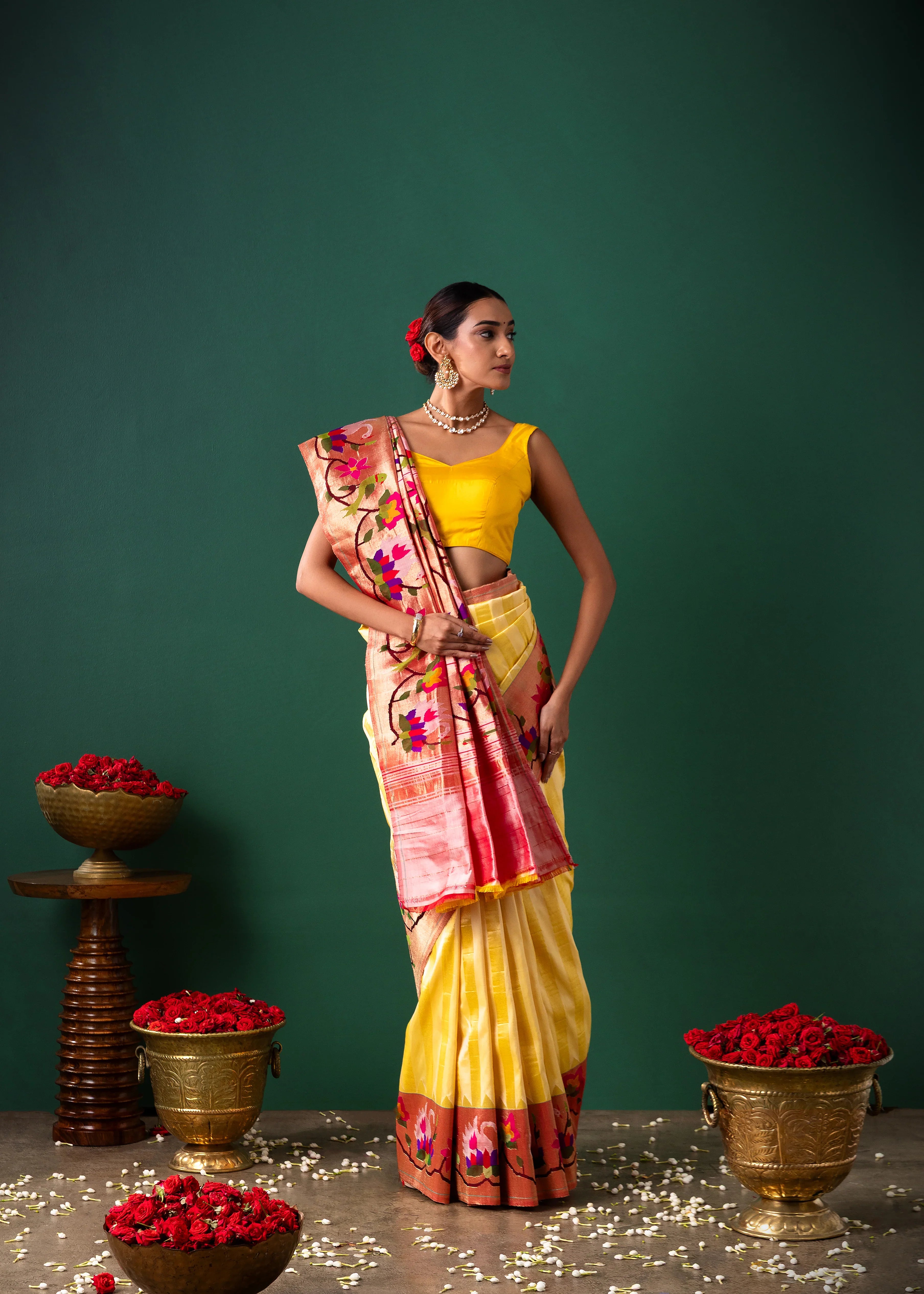 Yellow Paithani Silk Saree with Stripes & Paithani Weaving | Mokshaa