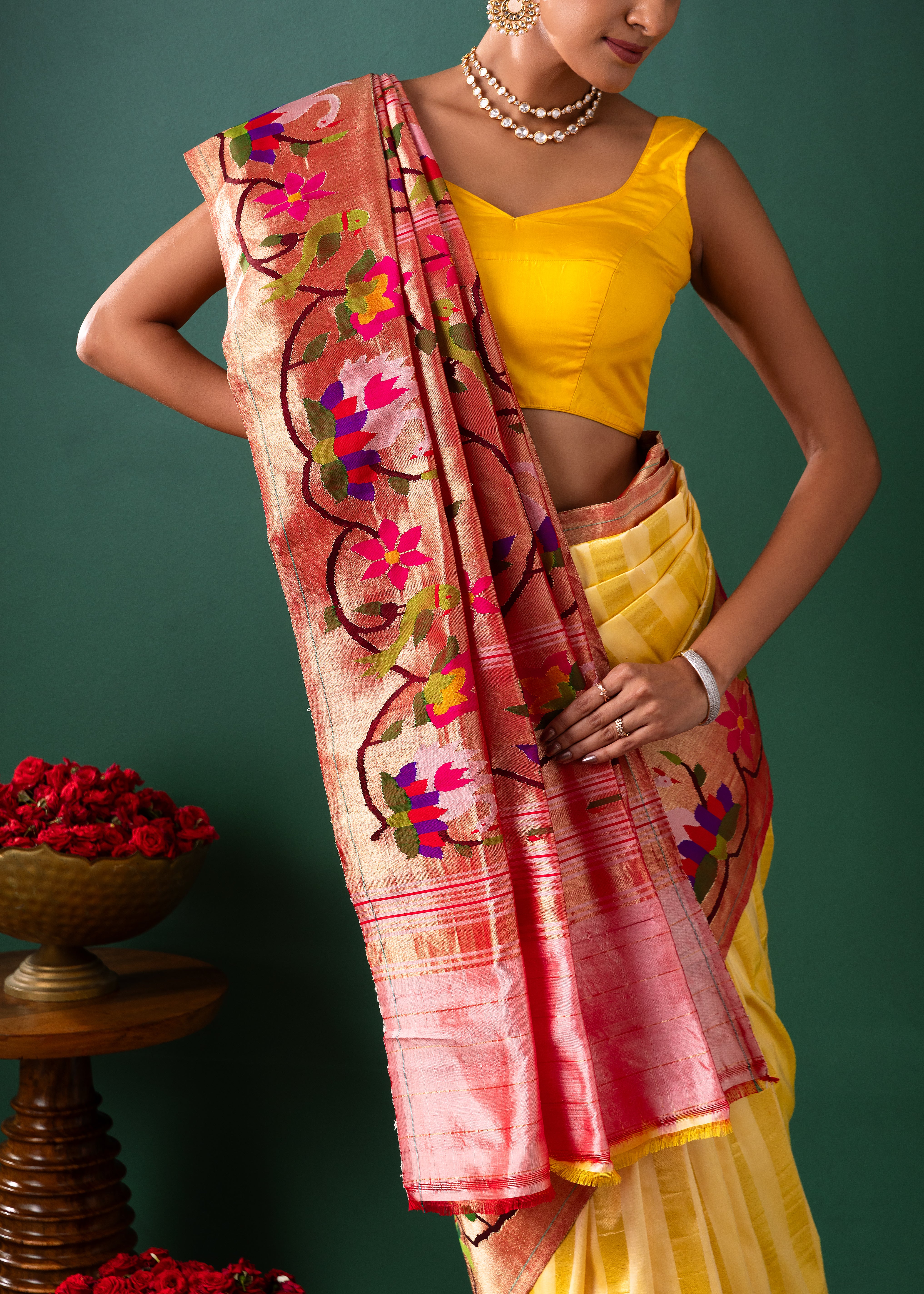 Yellow Paithani Silk Saree with Stripes & Paithani Weaving