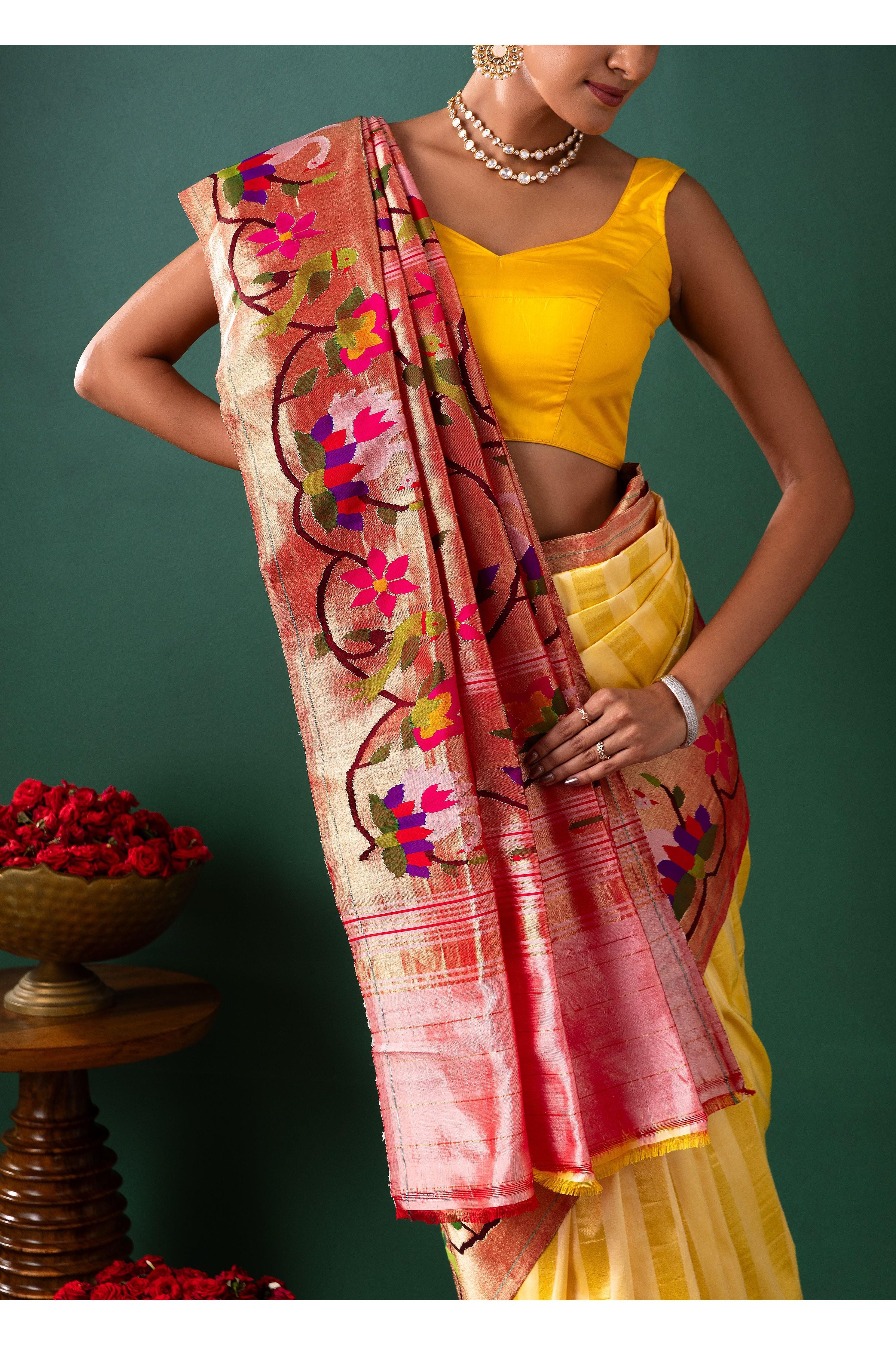 Yellow Paithani Silk Saree with Stripes & Paithani Weaving - Mokshaa