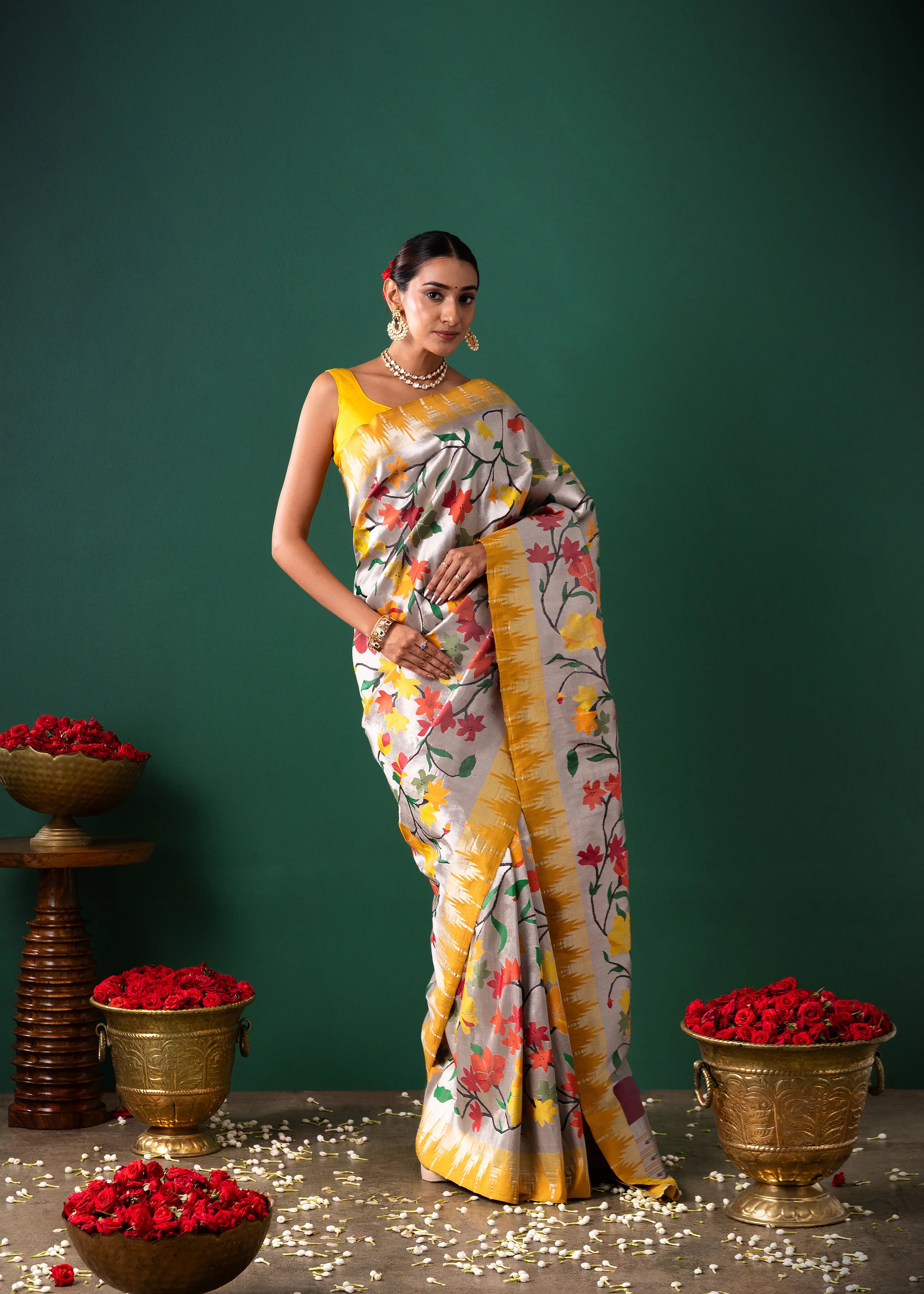 Silver Paithani Tissue Saree with All Over Jaal Weaving | Mokshaa