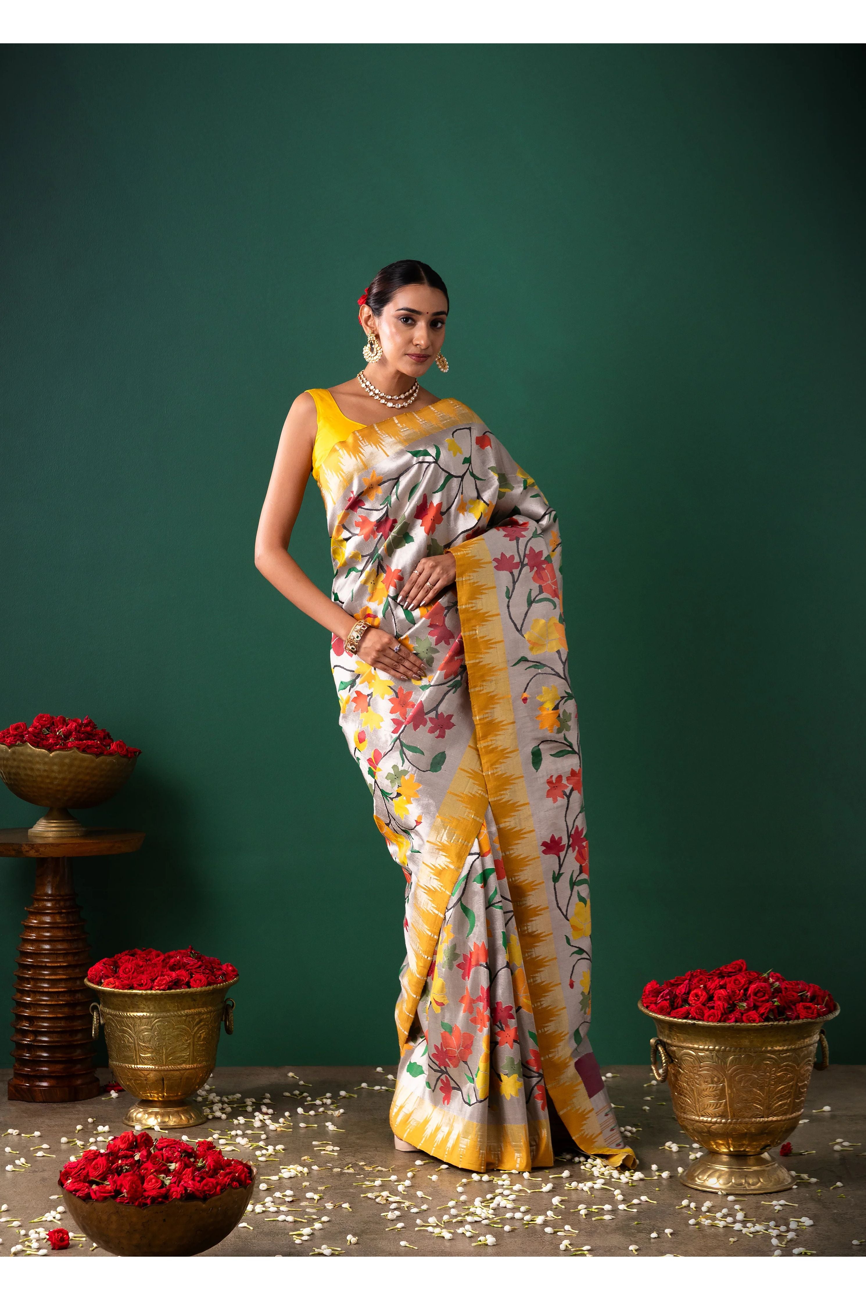 Silver Paithani Tissue Saree with All Over Jaal Weaving - Mokshaa