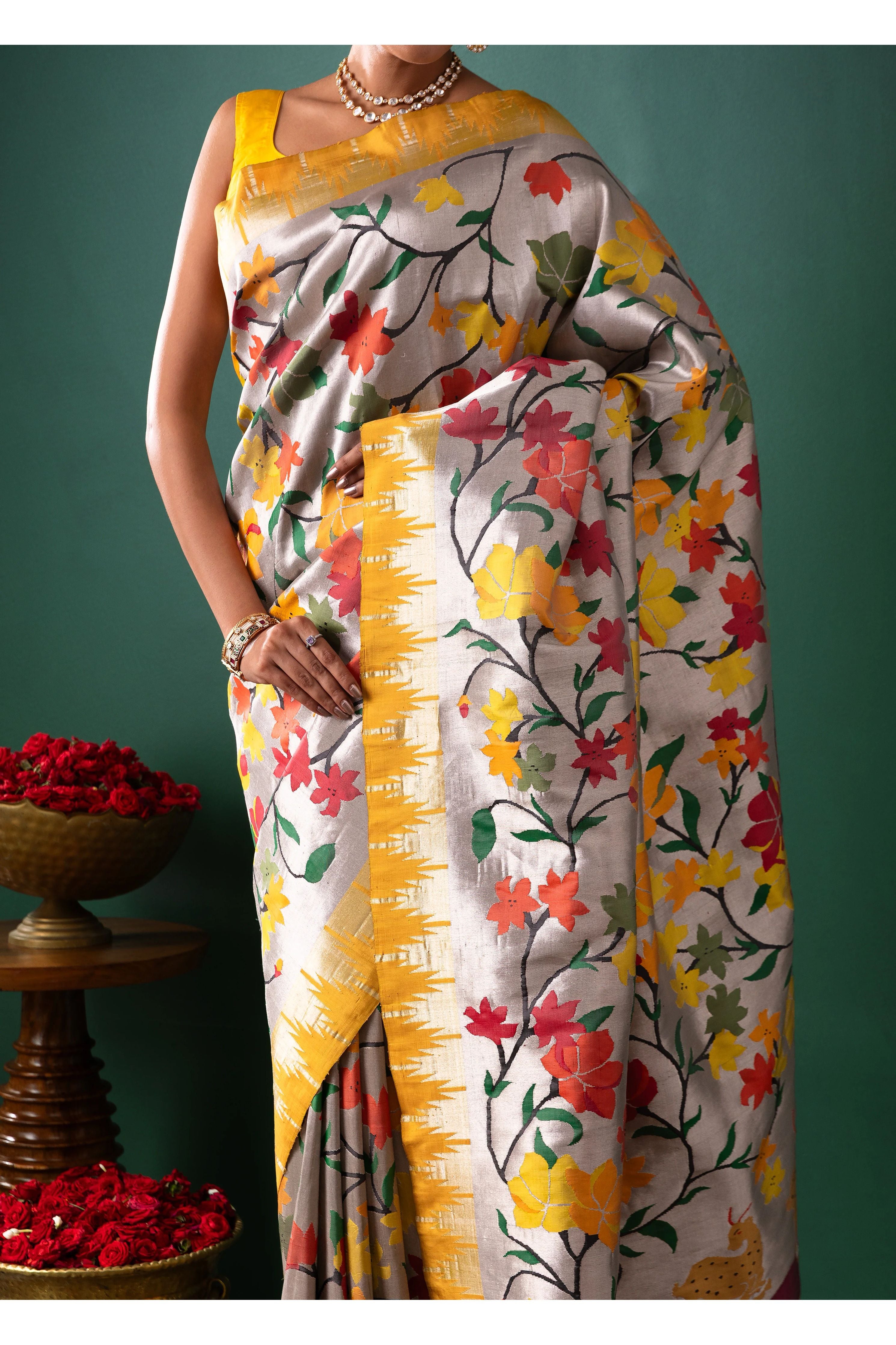 Silver Paithani Tissue Saree with All Over Jaal Weaving - Mokshaa