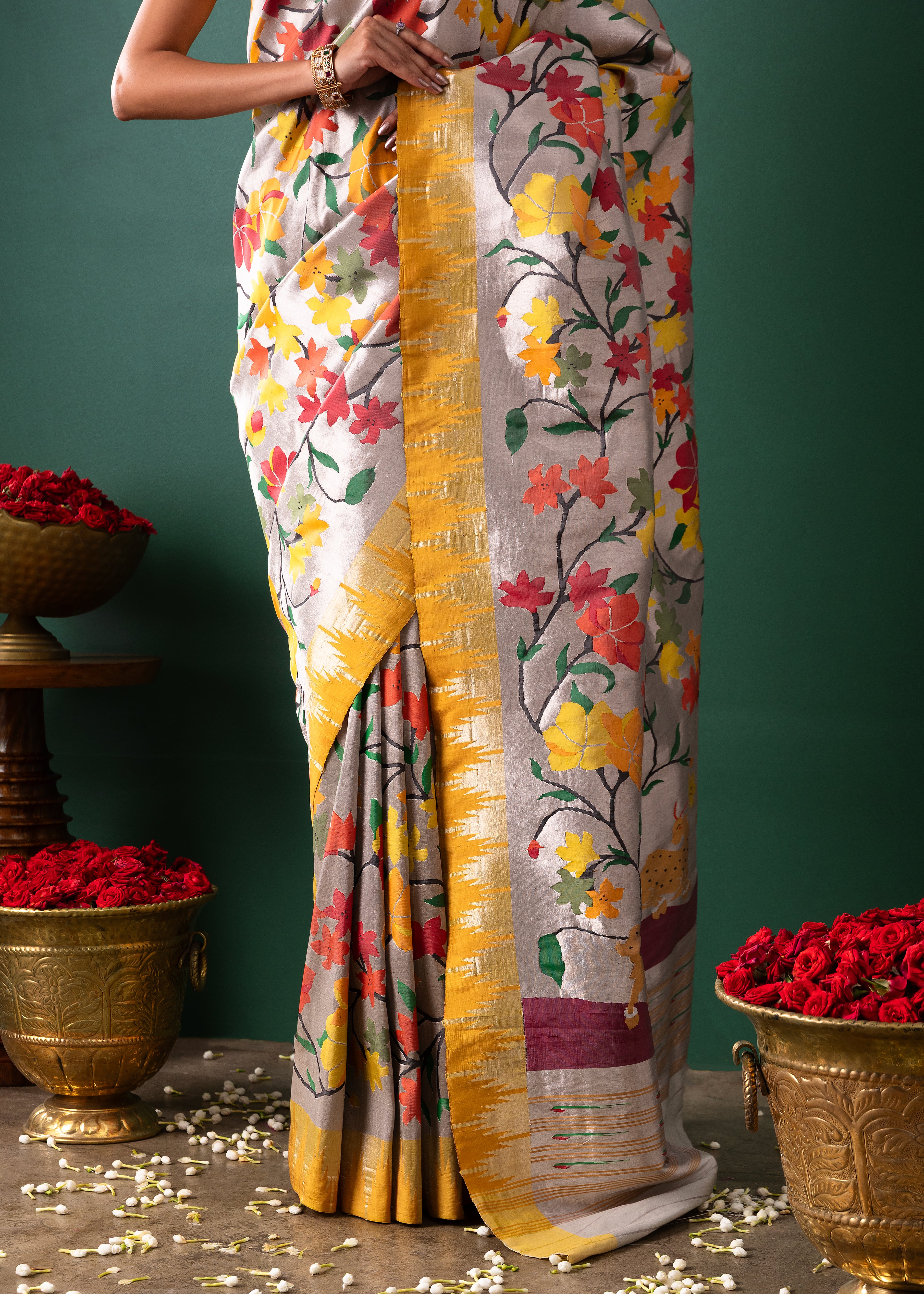 Silver Paithani Tissue Saree with All Over Jaal Weaving
