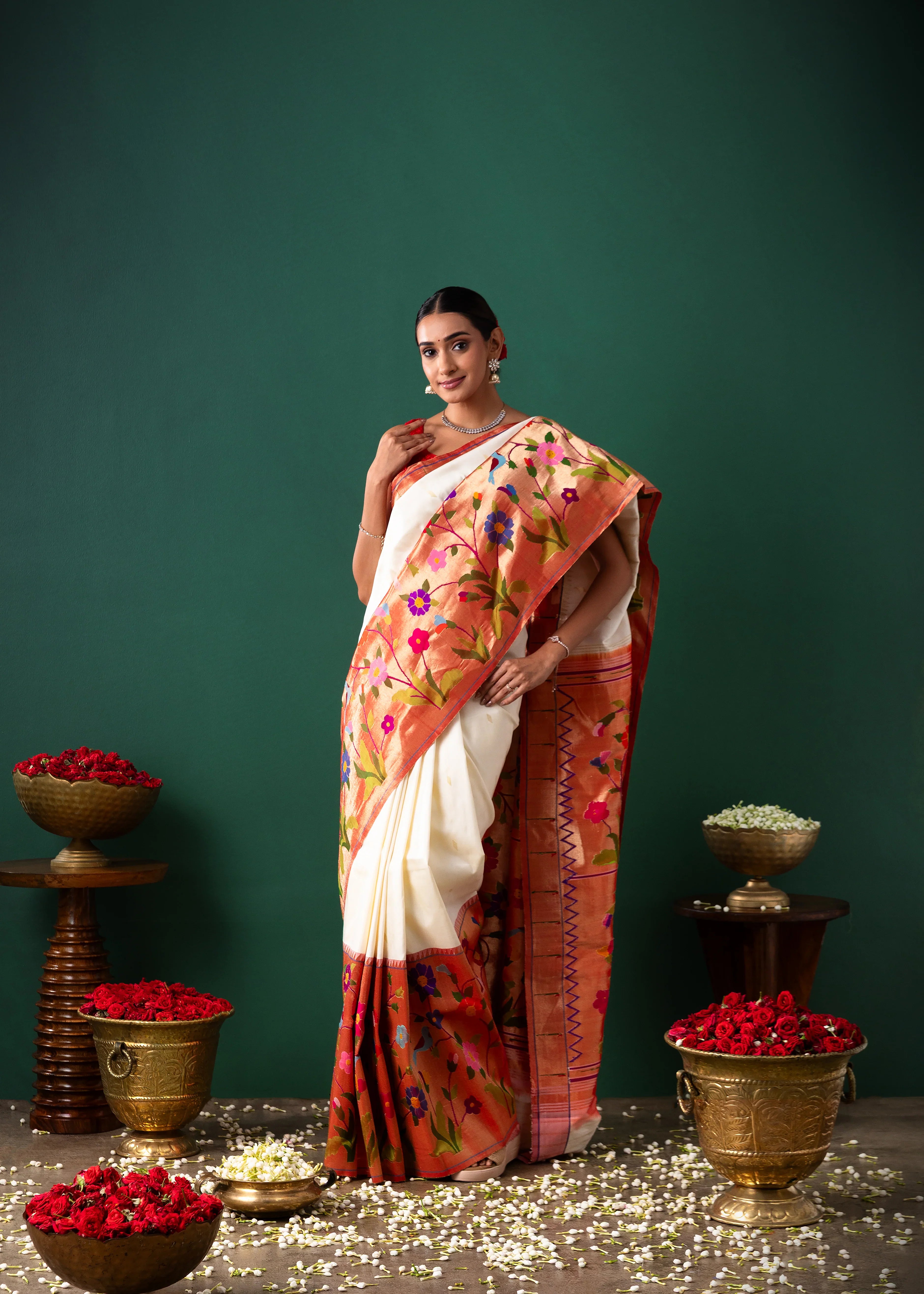 Off White Paithani Silk Saree with Buttise & Paithani Border | Mokshaa