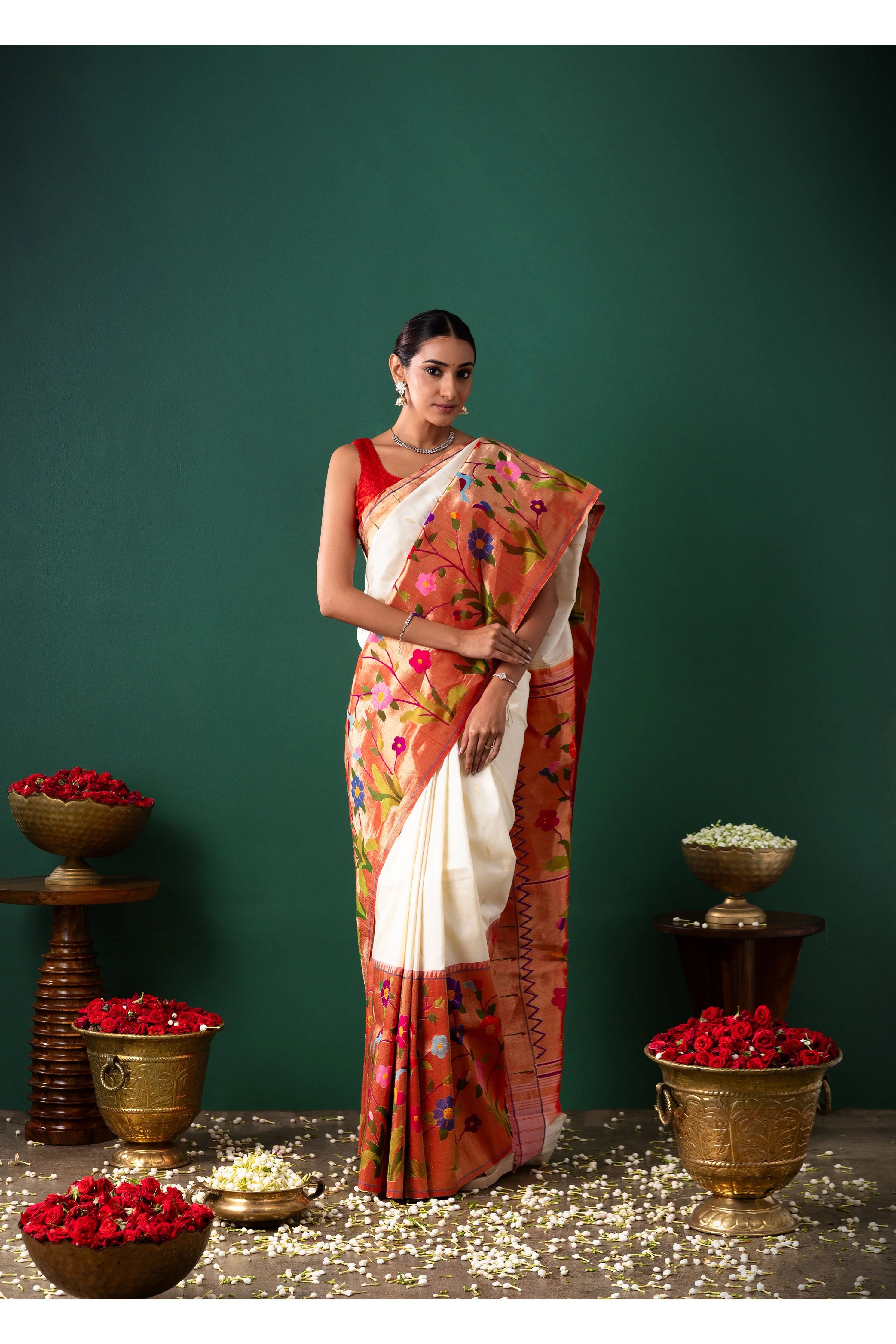 Off White Paithani Silk Saree with Buttise & Paithani Border - Mokshaa