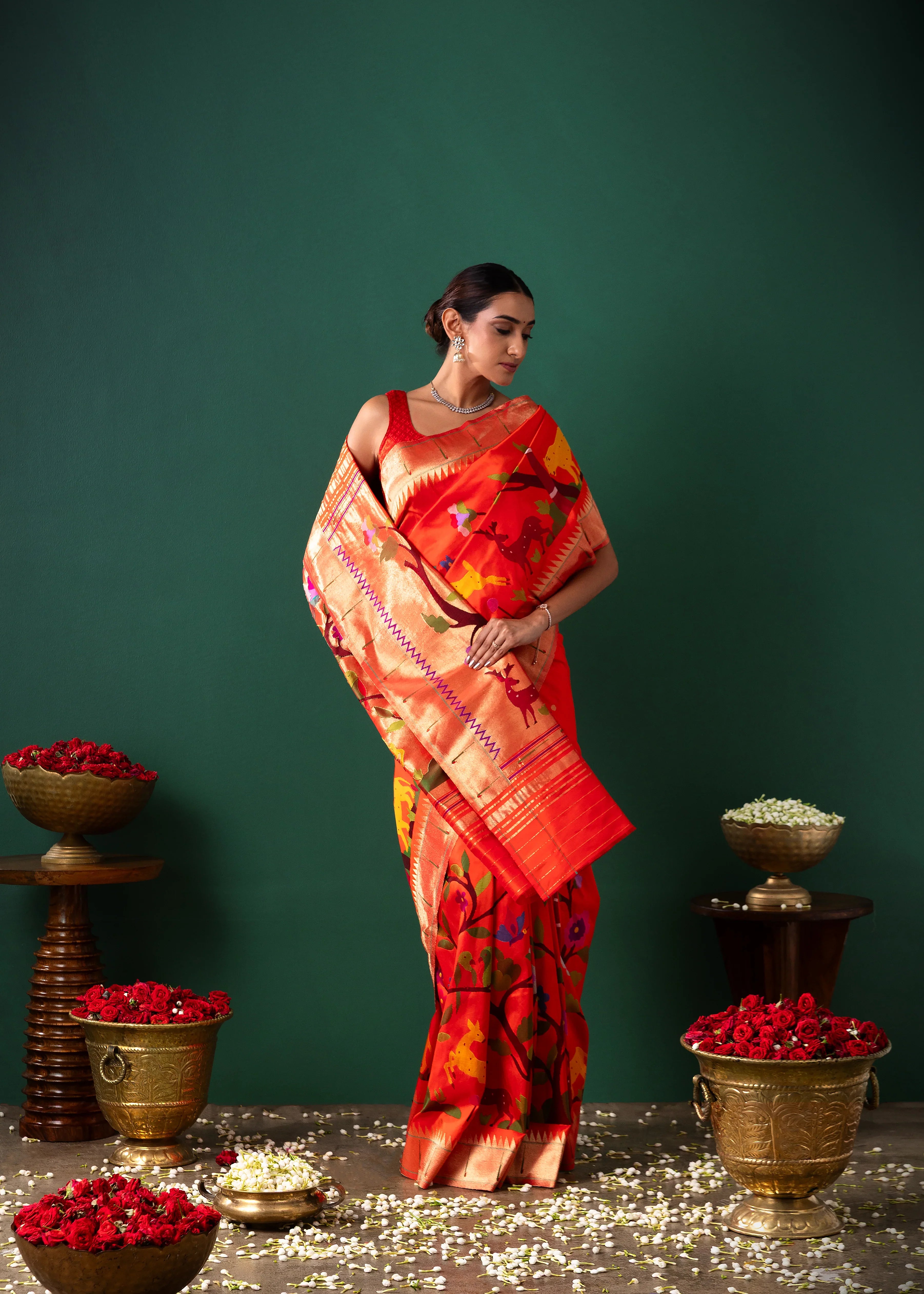Orange Paithani Silk Saree with All Over Jaal Weaving | Mokshaa