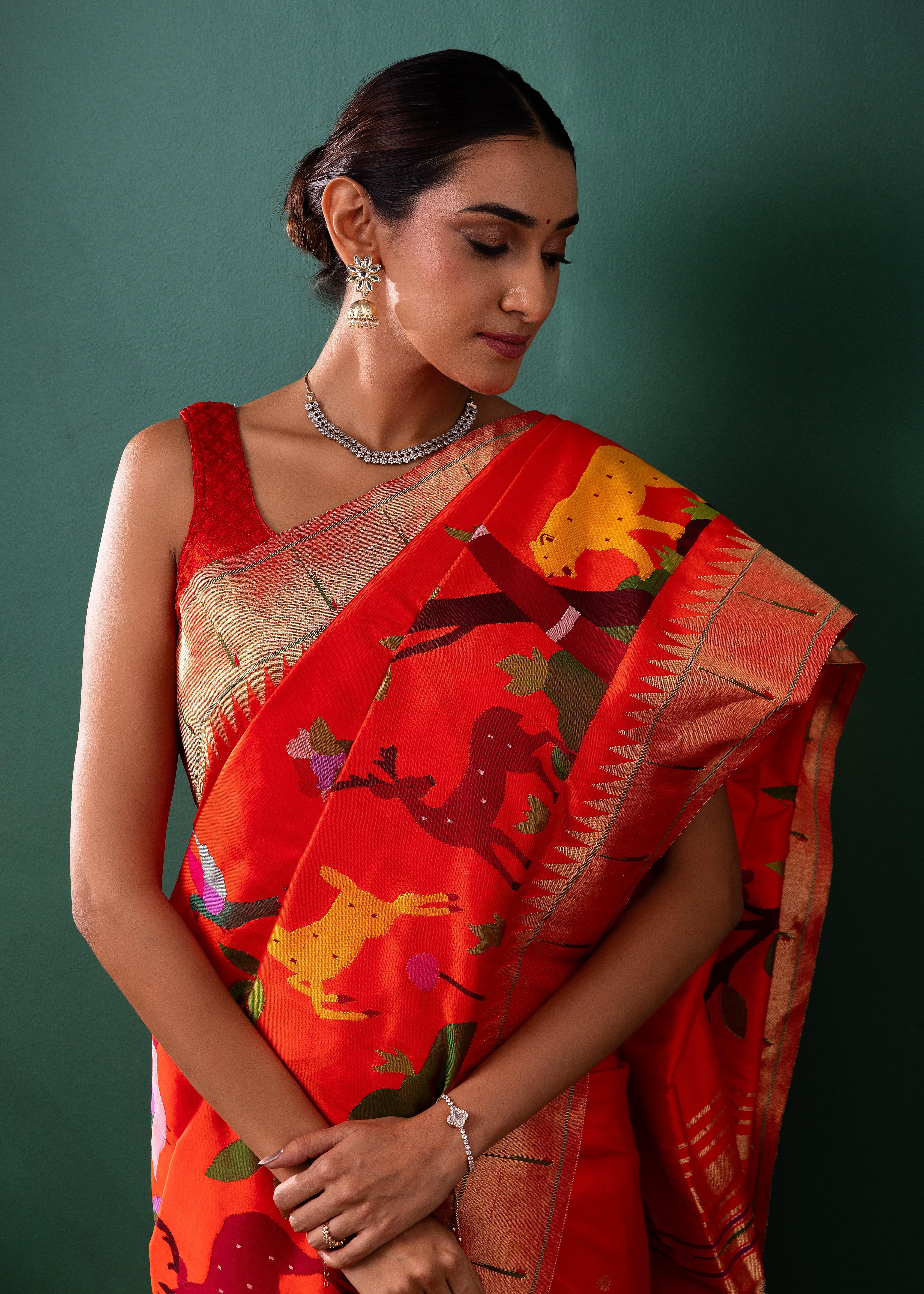Orange Paithani Silk Saree with All Over Jaal Weaving