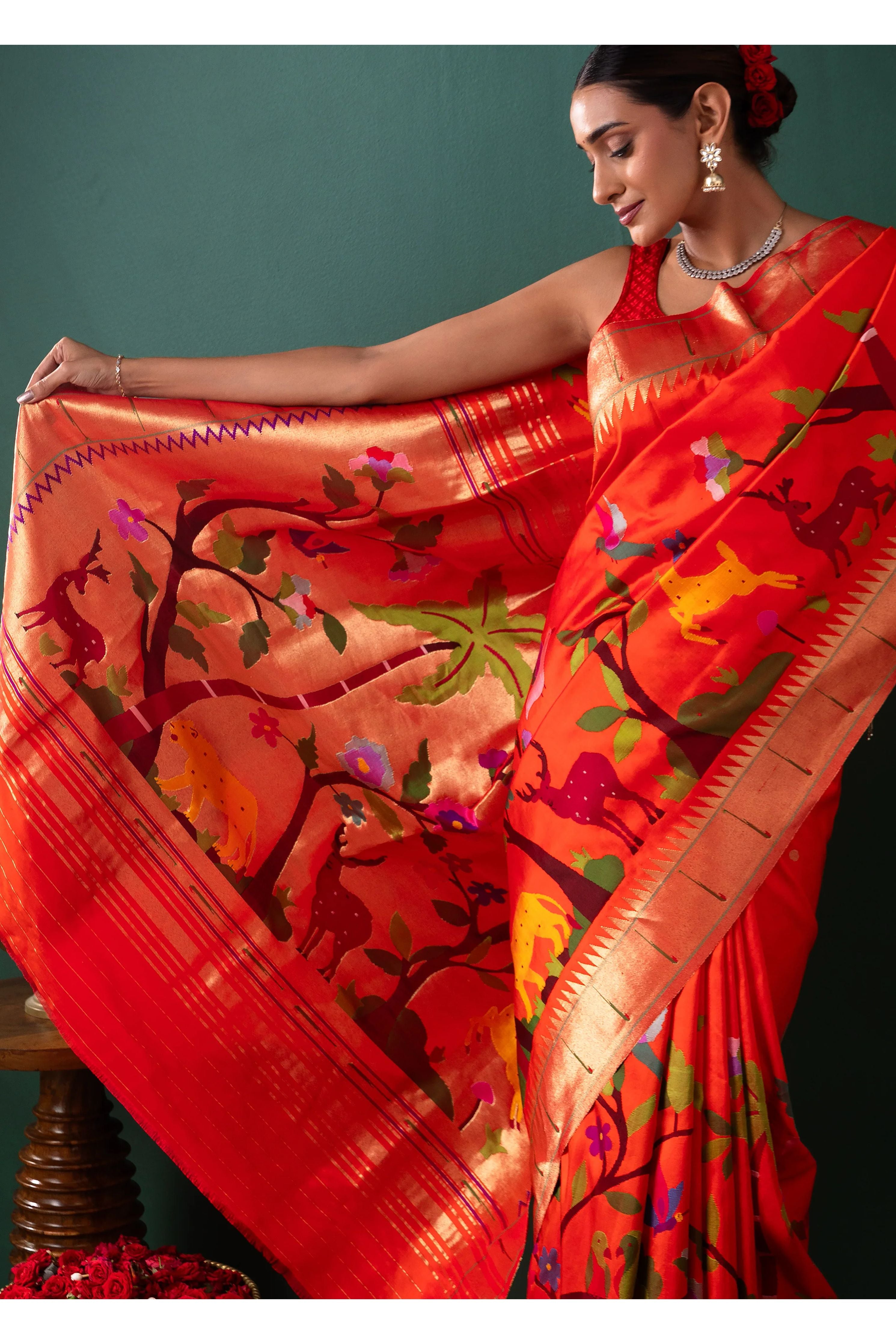 Orange Paithani Silk Saree with All Over Jaal Weaving - Mokshaa