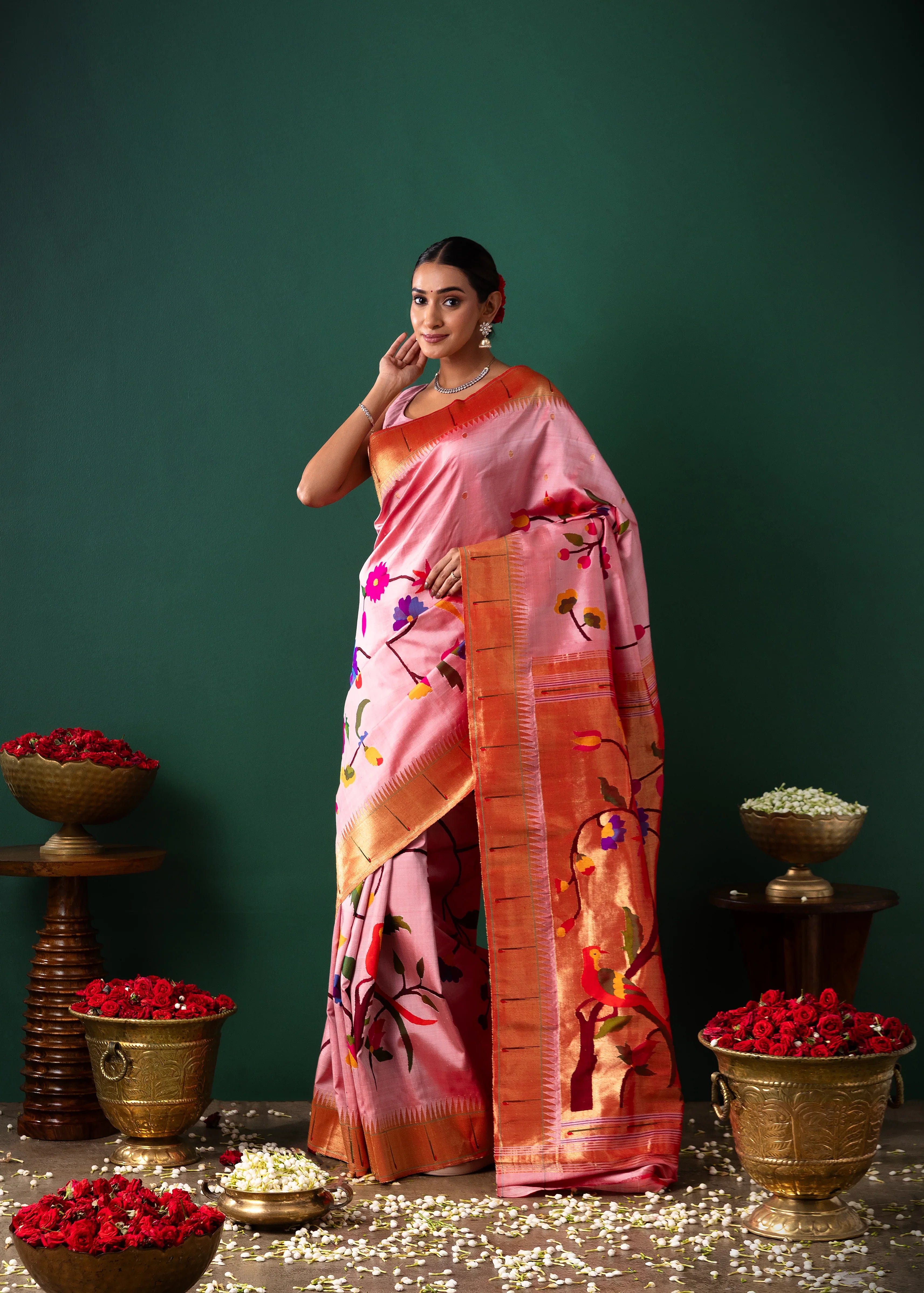 Peach Paithani Silk Saree with All Over Jaal Weaving | Mokshaa