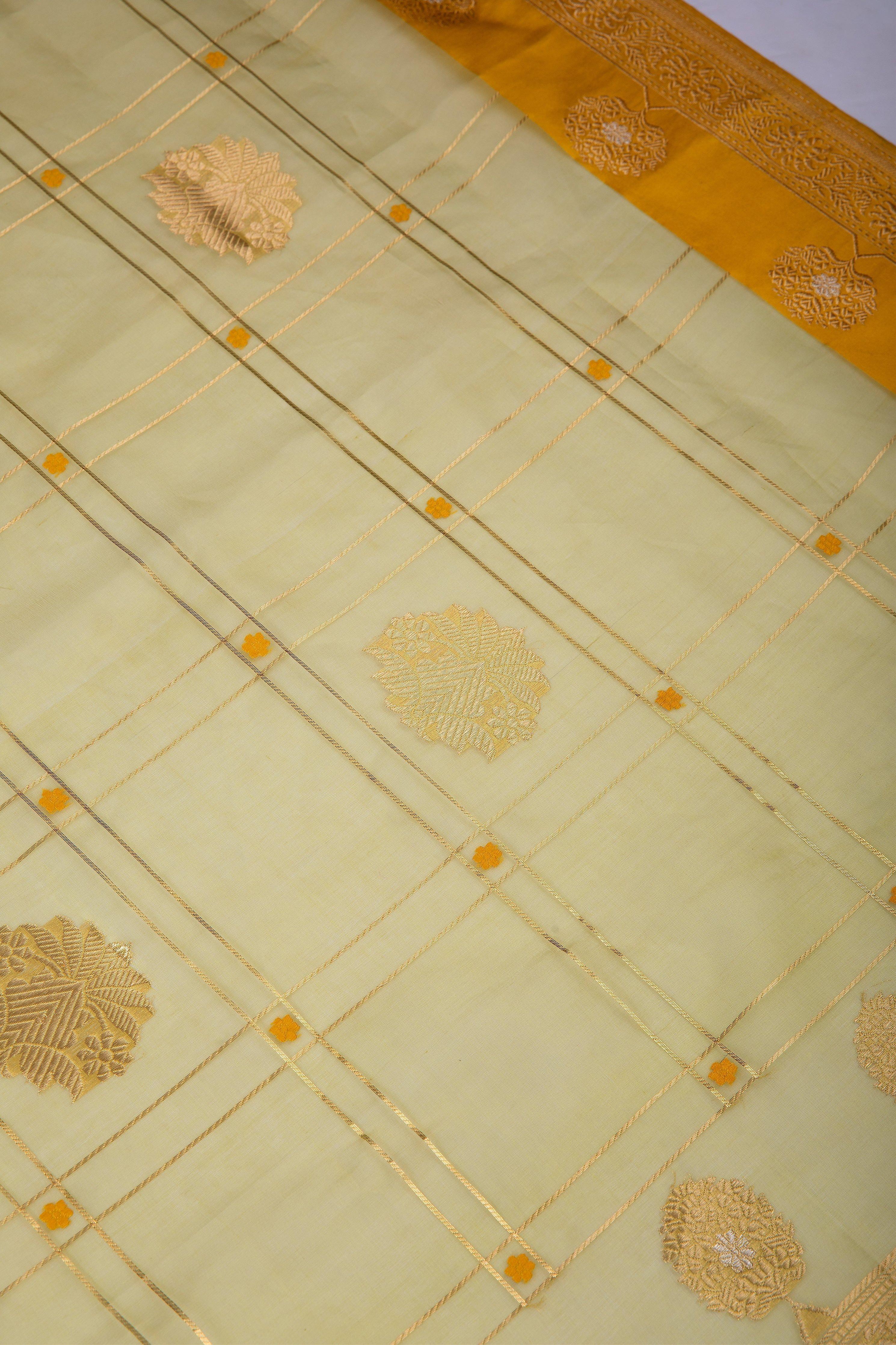 Pastel Green Banaras Kora Silk Saree - Mokshaa