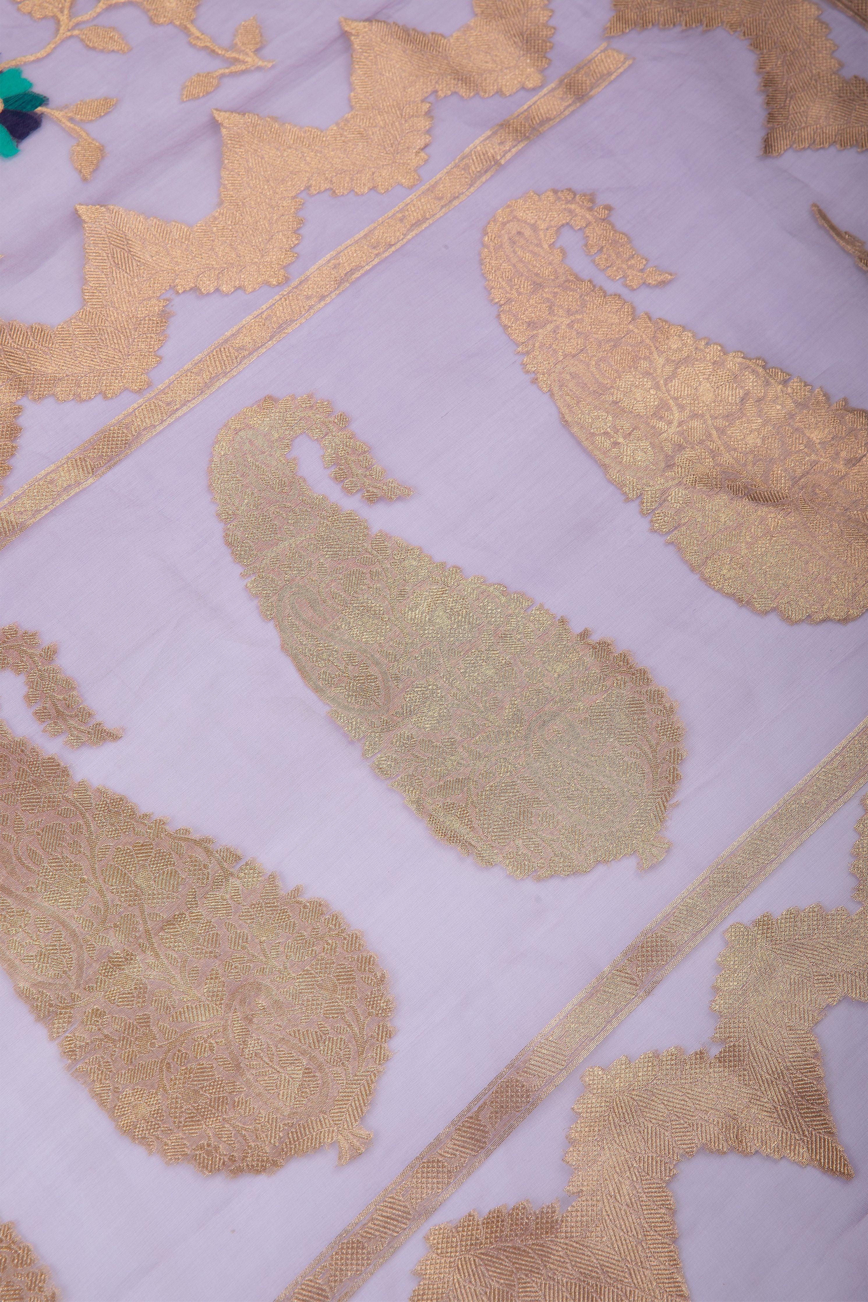 Soft Lavender Banaras Kora Silk Saree - Mokshaa