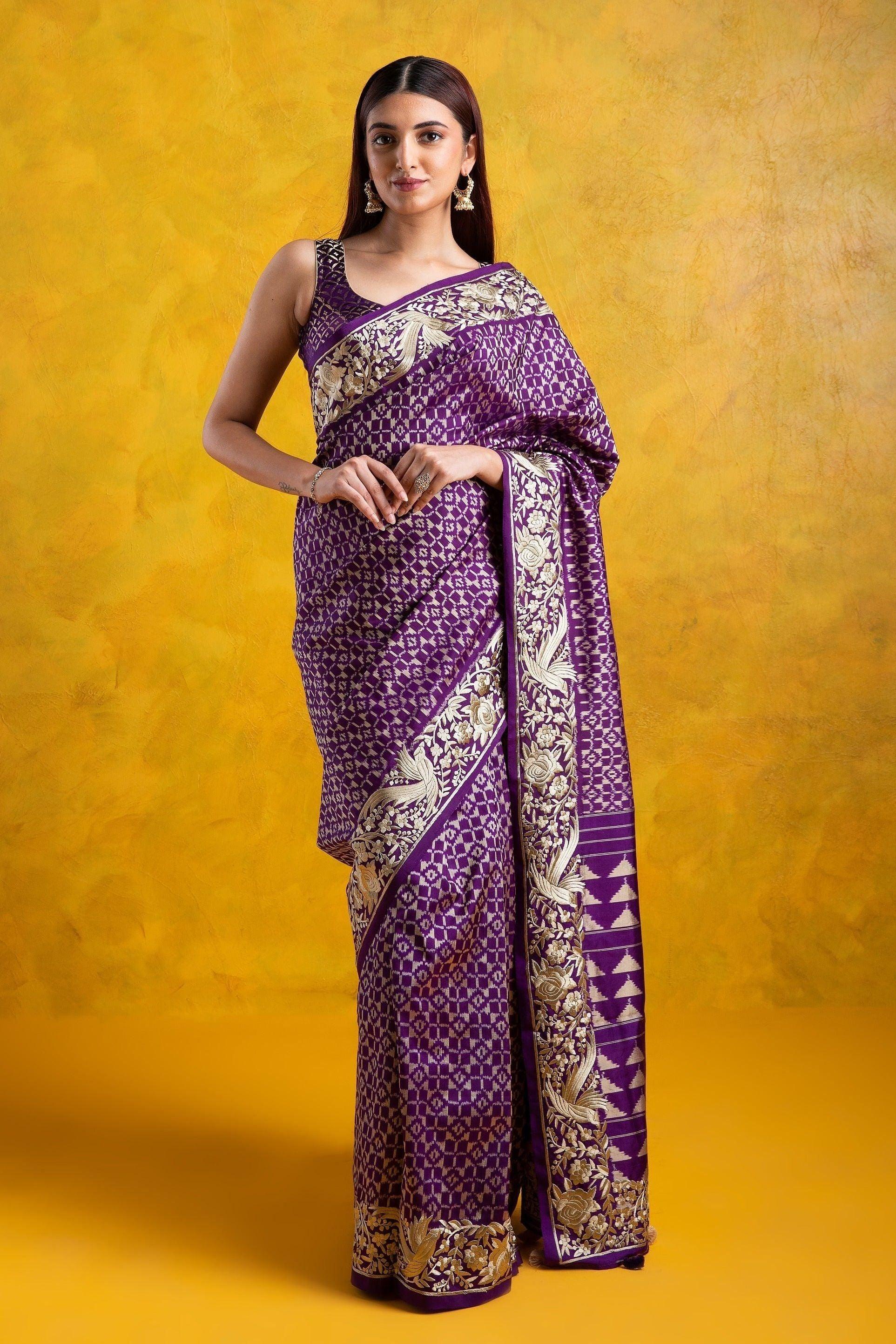 Purple Ikkat Silk Saree with Parsi Embroidery Border - Mokshaa