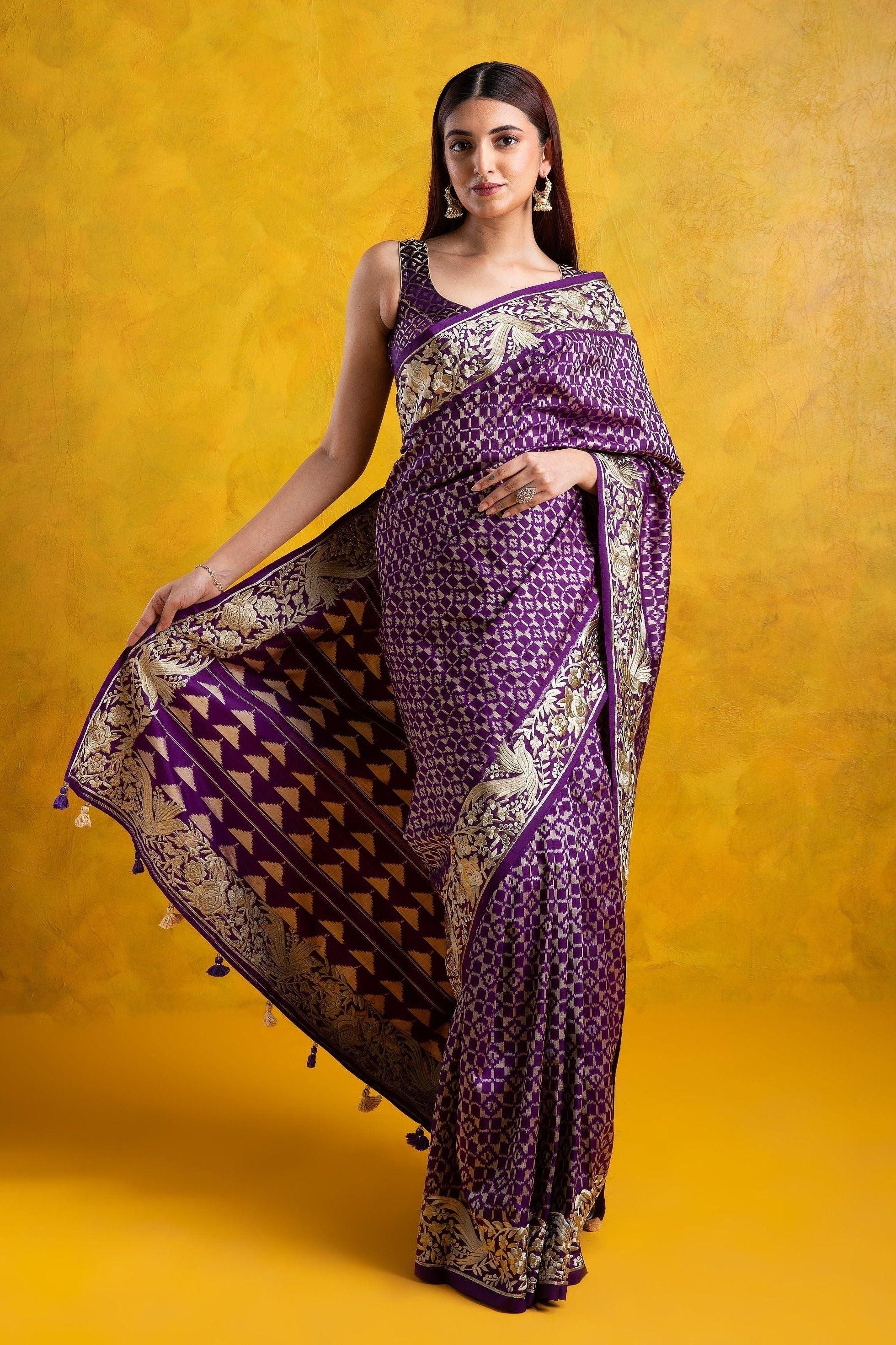 Purple Ikkat Silk Saree with Parsi Embroidery Border - Mokshaa