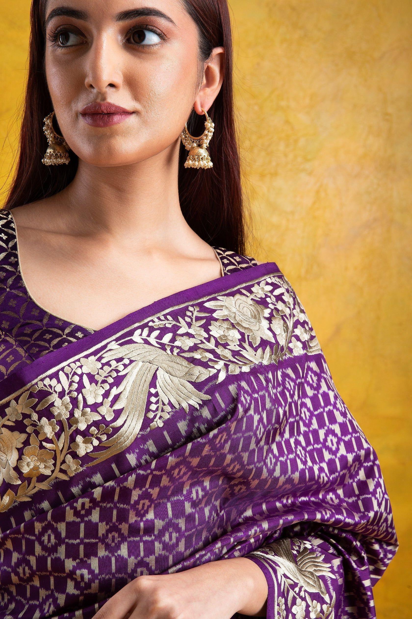 Purple Ikkat Silk Saree with Parsi Embroidery Border - Mokshaa