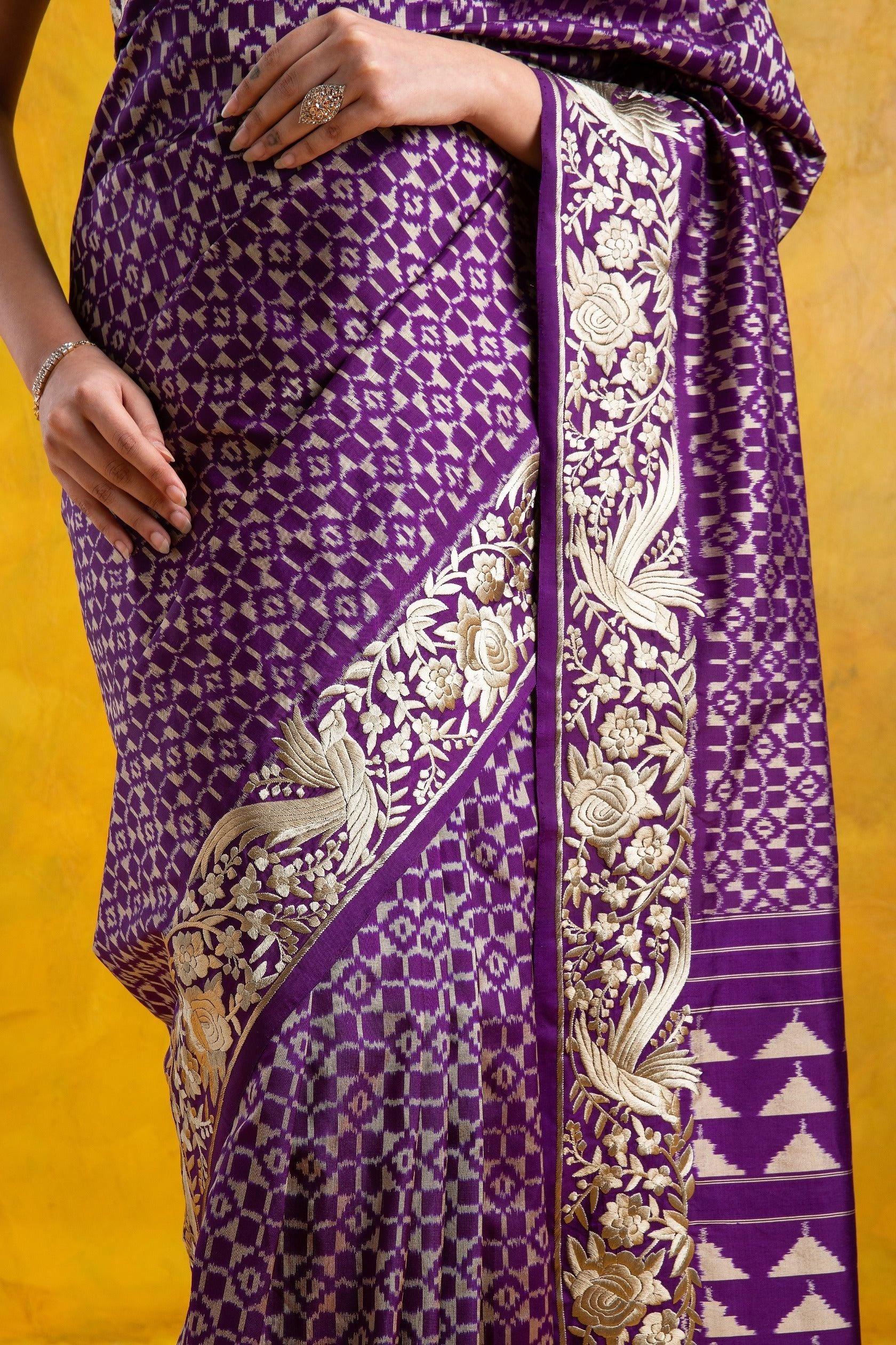 Purple Ikkat Silk Saree with Parsi Embroidery Border - Mokshaa