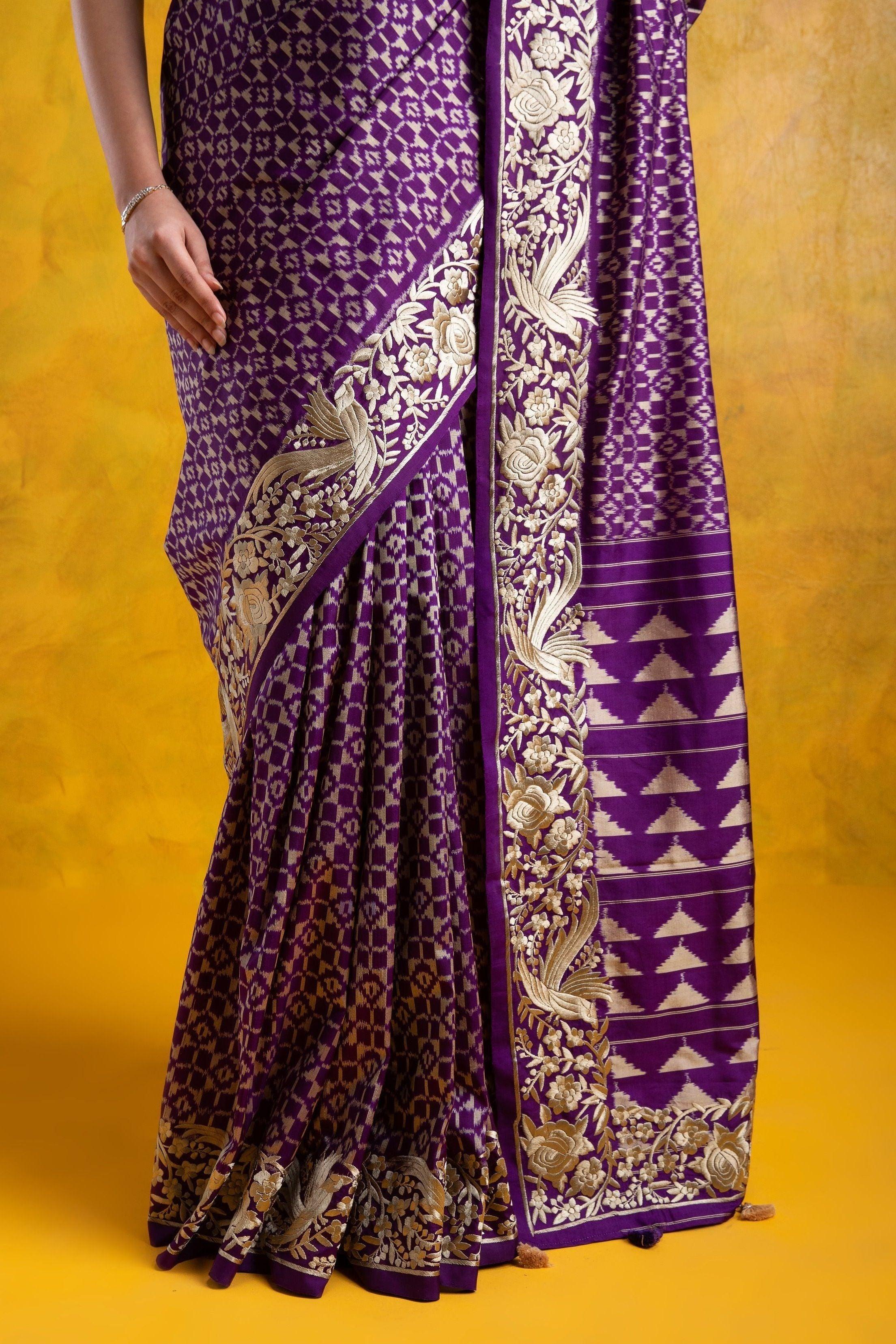 Purple Ikkat Silk Saree with Parsi Embroidery Border - Mokshaa
